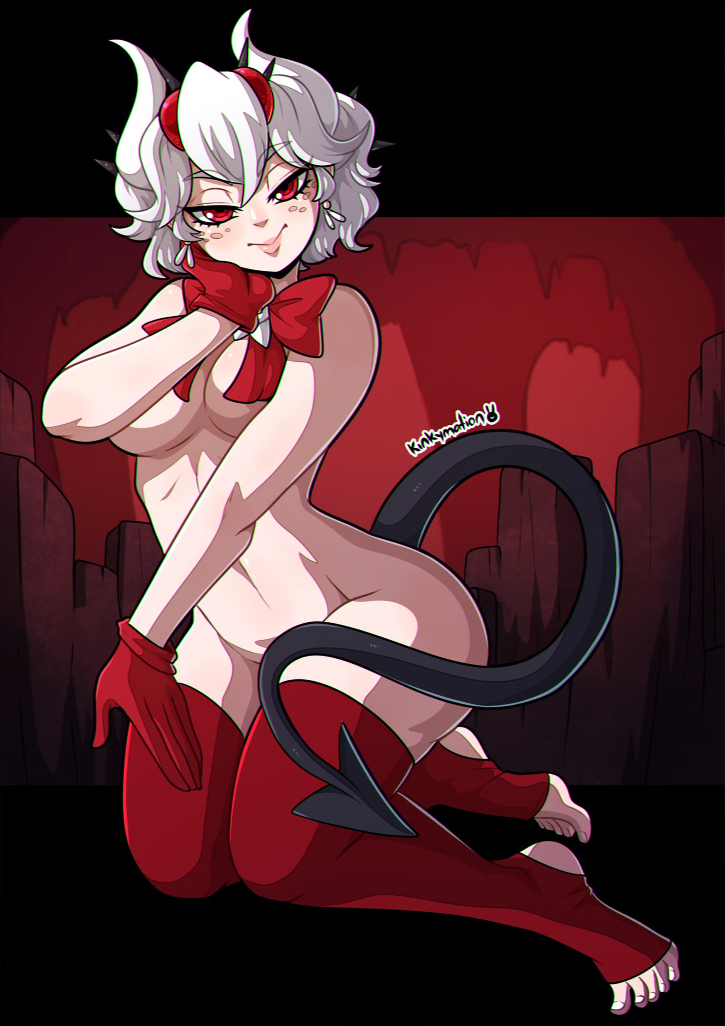 1girls, beelzebub (helltaker), bow, demon, demon girl, demon horns, demon tail, female, helltaker, horns, kinkymation, nude, red eyes, solo, tail, thighhighs, white hair
