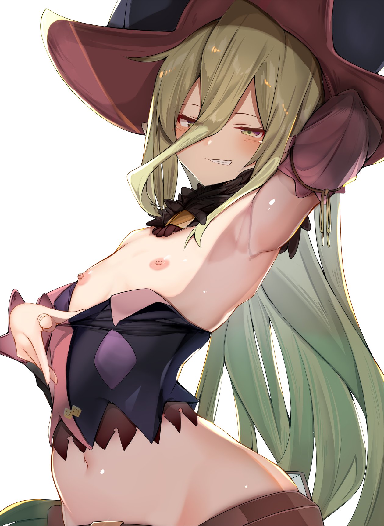 1girls arm_up armpits artist_request blonde_hair blush elf female female_only flat_chest green_hair grin long_hair looking_at_viewer magilou_(tales) midriff naughty_face nipples presenting presenting_breasts small_breasts smile solo solo_female tales_of_(series) tales_of_berseria teasing teasing_viewer true_flat_chest witch witch_hat