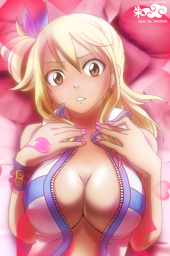 1girls, adson, big breasts, blonde hair, blonde-haired female, breasts, brown eyes, cleavage, colorized, earrings, fairy tail, fairy tail mark, female, gairon, hair ribbon, hand tattoo, heart, heart earrings, huge breasts, jewelry, large breasts, long hair, lucy heartfilia, lying, nail polish, no bra, on back, one side up, pink nails, pink tattoo, ribbon, shounen jump, solo, tattoo, tattoo on hand, tattooed hand, unzipped, wristband