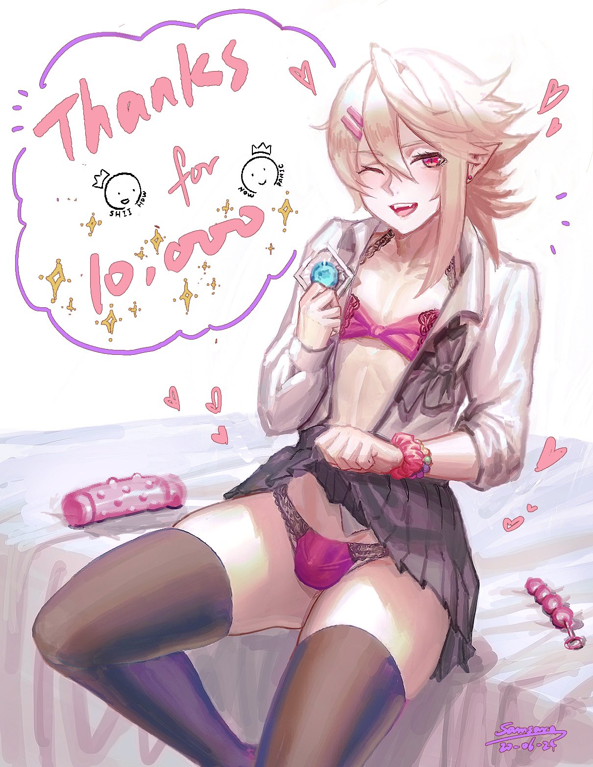 1boy balls_in_panties bulge condom condom_in_mouth corrin_(fire_emblem) corrin_(fire_emblem)_(male) crossdressing cute_fang cute_male dildo femboy fire_emblem fire_emblem_fates girly lifted_by_self lingerie male_only nintendo panties pantyshot pointy_ears samsara samsara_(shuukeura) silver_hair sitting skirt skirt_lift solo thighhighs trap upskirt wink