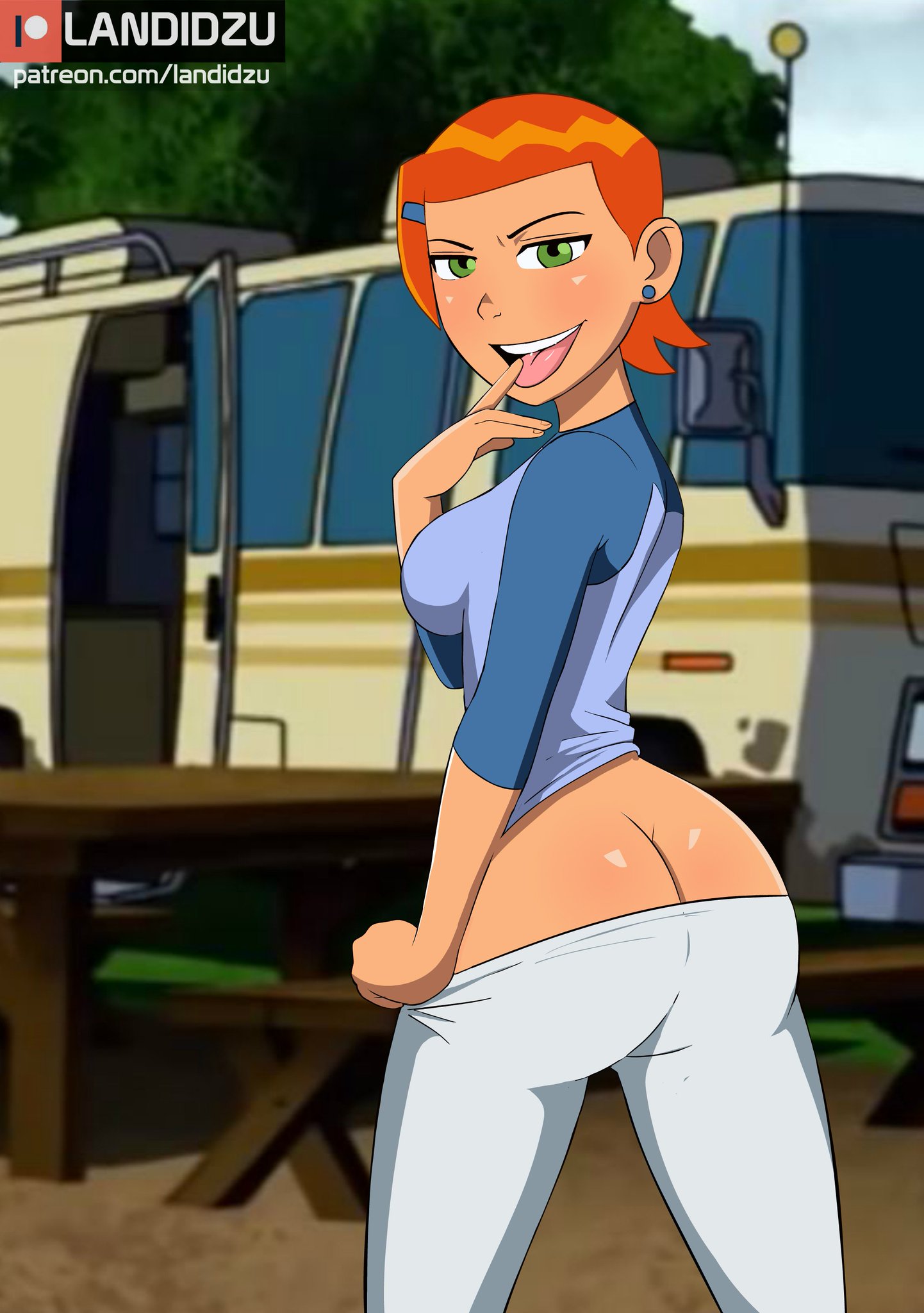 1girls, aged up, alternate breast size, ass, ass cleavage, ass crack, ben 10, big ass, big butt, breasts, bubble ass, bubble butt, butt crack, clothes pull, clothing, female, female only, green eyes, gwen tennyson, high resolution, huge ass, huge butt, landidzu, large ass, medium breasts, nopan, orange hair, orange-haired female, redhead, solo, thick thighs, wide hips