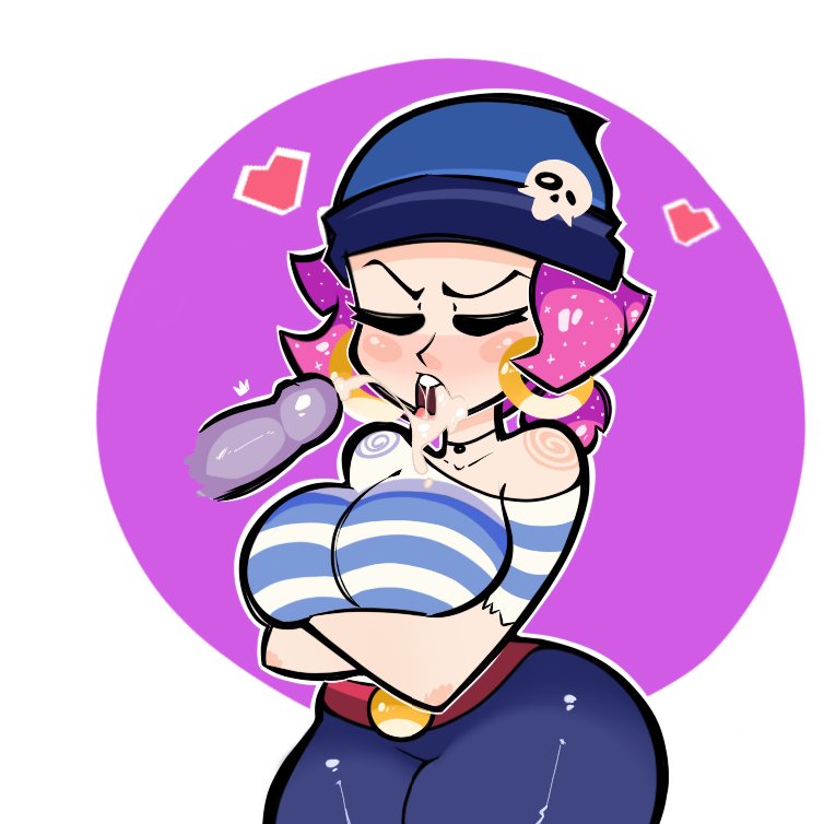annoyed, arms crossed, beanie, big breasts, blowjob, blush, brawl stars, cum in mouth, female, heart, hoop earrings, light-skinned female, necklace, penny (brawl stars), pink hair, pirate, simple background, skull, slipfaz, teenager, thick thighs