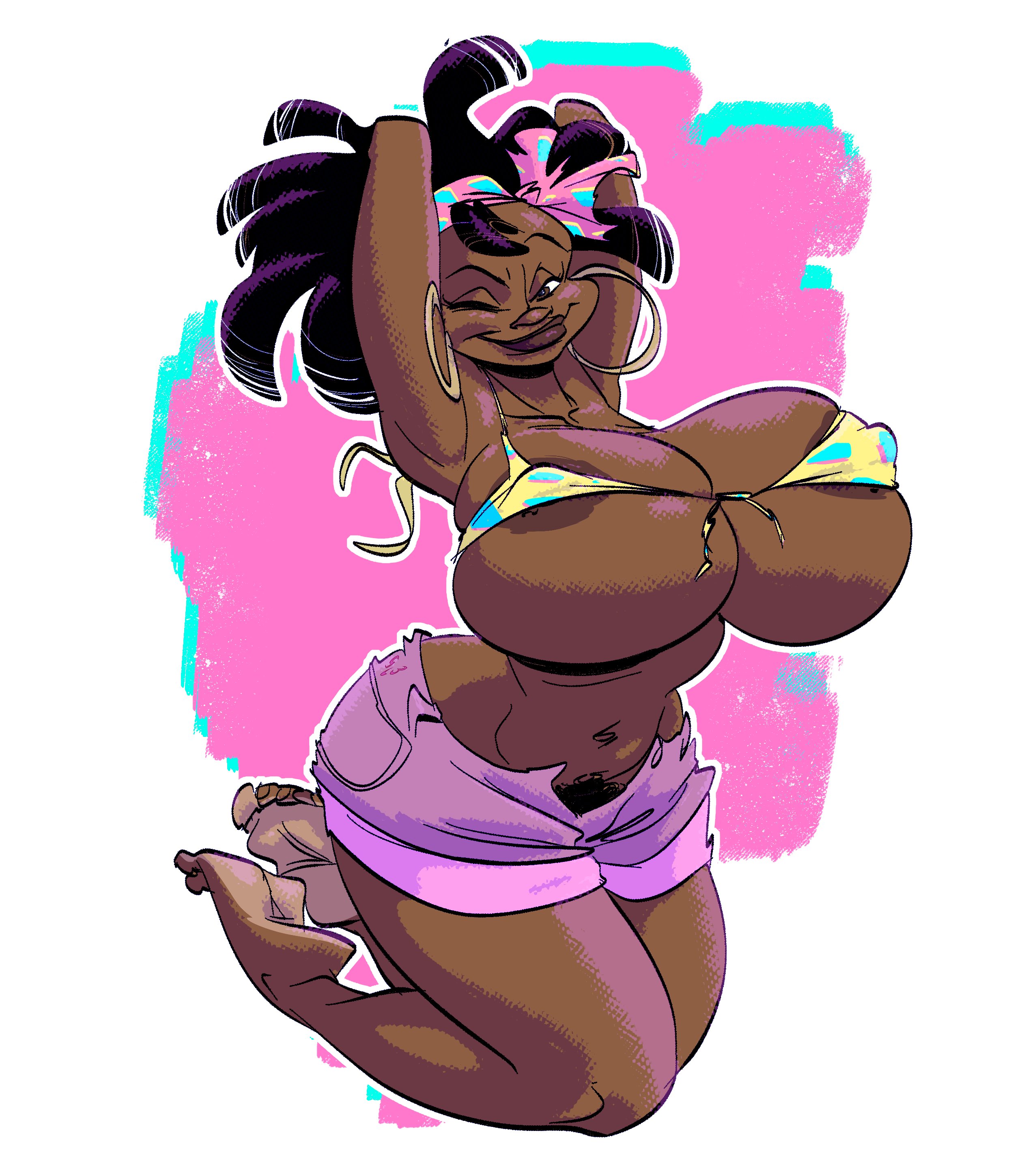 1girls, african female, bikini top, breasts, dark skin, dark-skinned female, female, female only, human, jerikah hunter, large breasts, shorts, slb, solo, solo female, tagme, wide hips