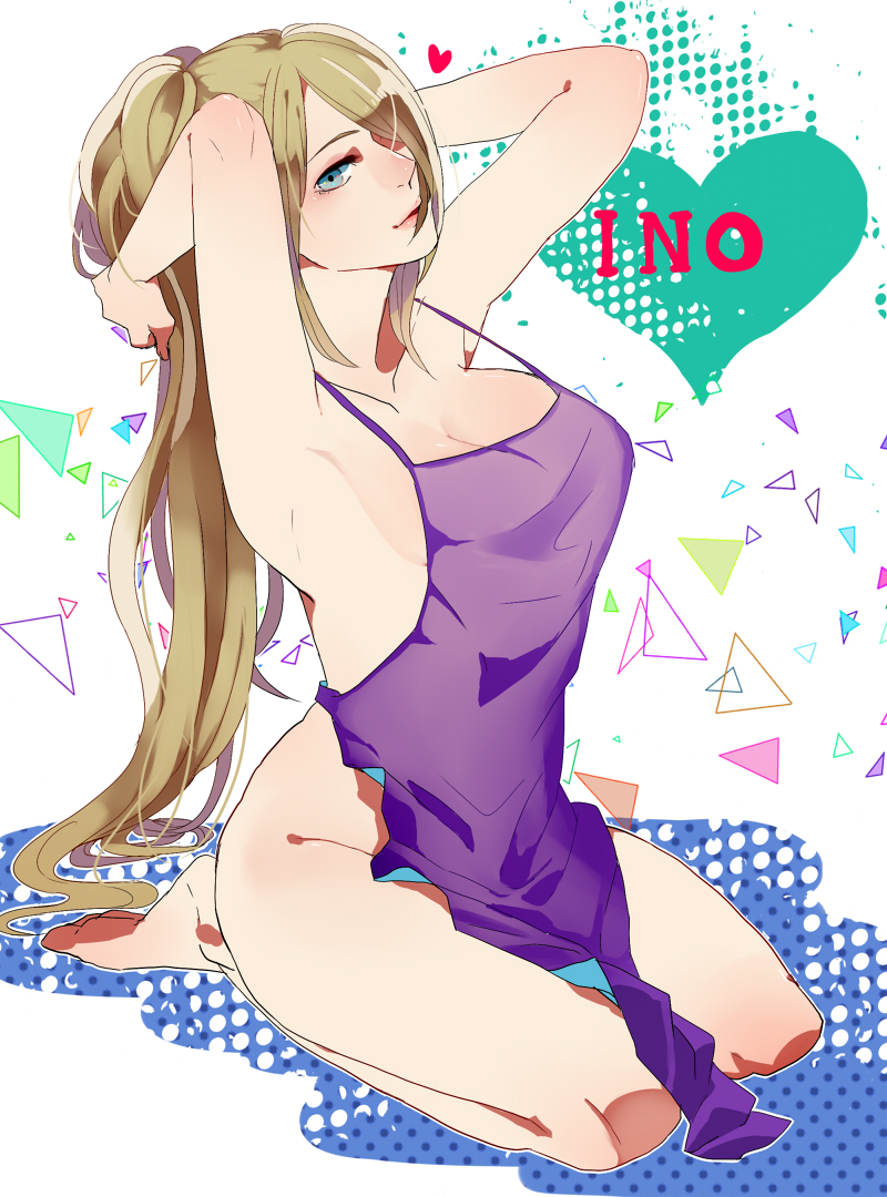 1girls, apron, arms behind head, barefoot, blonde hair, blue eyes, breasts, character name, cleavage, feet, female, female only, heart, ino yamanaka, kneeling, long hair, naked apron, naruto, naruto (series), naruto shippuden, ponytail, soles, tied hair, toes, very long hair, zura (artist)