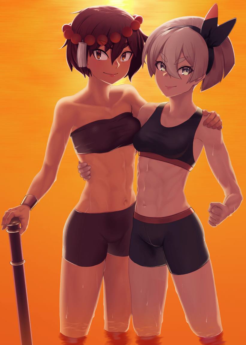 2girls abs ajna_(indivisible) arm_around_partner athletic athletic_female bea_(pokemon) bike_shorts brown-skinned_female brown_eyes brown_hair brown_skin crossover dark-skinned_female dark_skin female female_only fit fit_female grey_hair indivisible lab_zero_games light-skinned_female light_skin looking_at_viewer muscle_tone muscular muscular_female nintendo pokemon pokemon_ss putcher short_hair shorts smile sports_bra sportswear standing_in_water tagme tan_skin wet