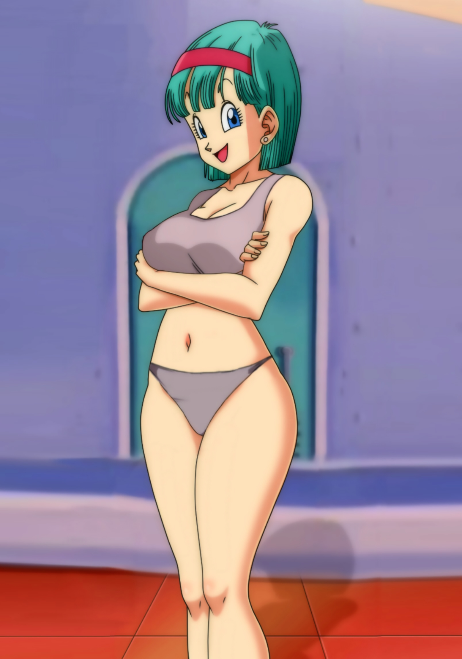 1girls, blue hair, bulma briefs, bulma briefs (frieza saga), canon costume, canonical scene, dragon ball, dragon ball z, female, female only, grey panties, grey underwear, hair band, hairband, looking at viewer, navel, open mouth, panties, red hairband, solo, tank top