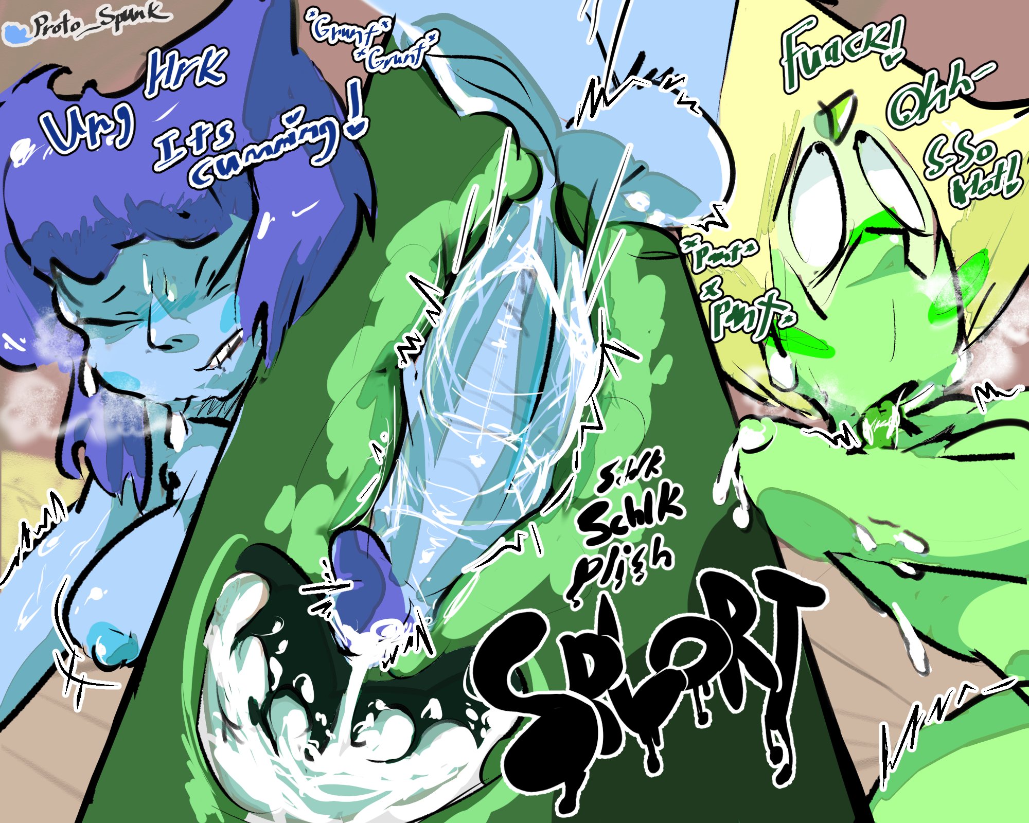 1futa, 1girls, biting lip, blue hair, blue skin, cartoon network, closed eyes, cum, cum in pussy, cum in uterus, cum inside, dialogue, dickgirl, eyes rolling back, female, femsub, futa on female, futadom, futanari, green hair, green skin, intersex, lapis lazuli (steven universe), on back, peridot (steven universe), proto spunk, pussy, steven universe, sweat, text, x-ray