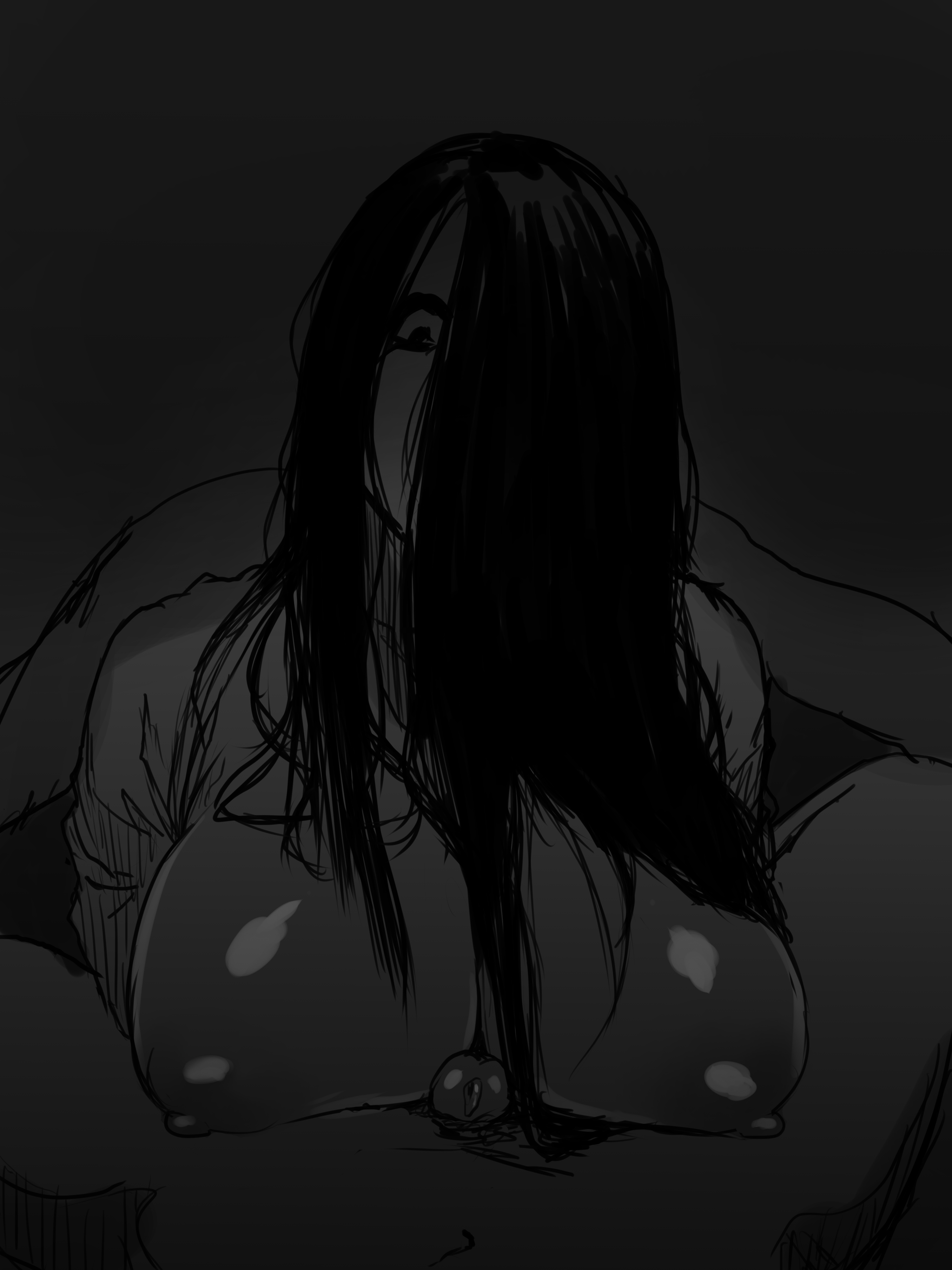 1boy, areolae, artist request, bedroom, black hair, breasts, female, ghost, hair over one eye, huge breasts, lights off, long hair, male, monochrome, nightmare, nipples, on bed, original, original character, paizuri, penis, scary, straight, uncensored