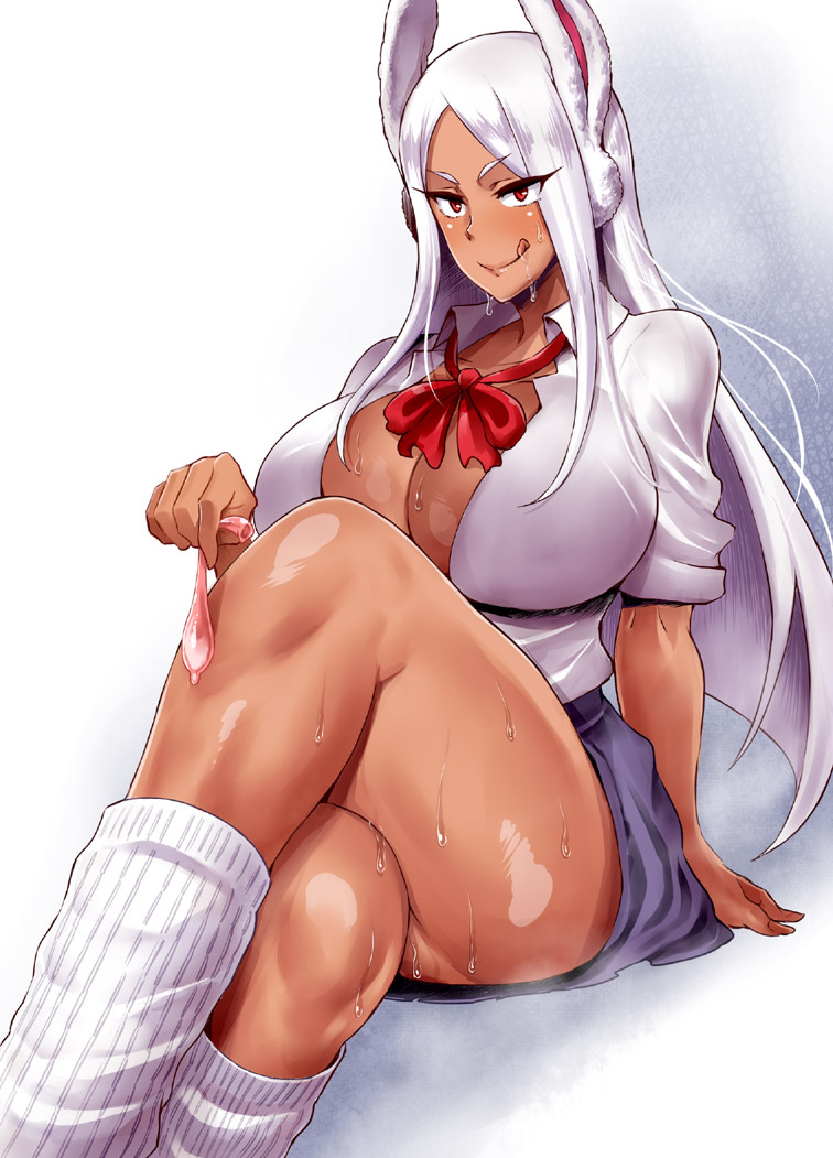 big breasts, breasts, bunny ears, condom, cum on face, dark skin, dark-skinned female, female, female only, gyaru, haikawa hemlen, kuro gyaru, licking lips, long hair, miruko, my hero academia, red eyes, rumi usagiyama, school uniform, schoolgirl, solo, solo focus, used condom, white hair
