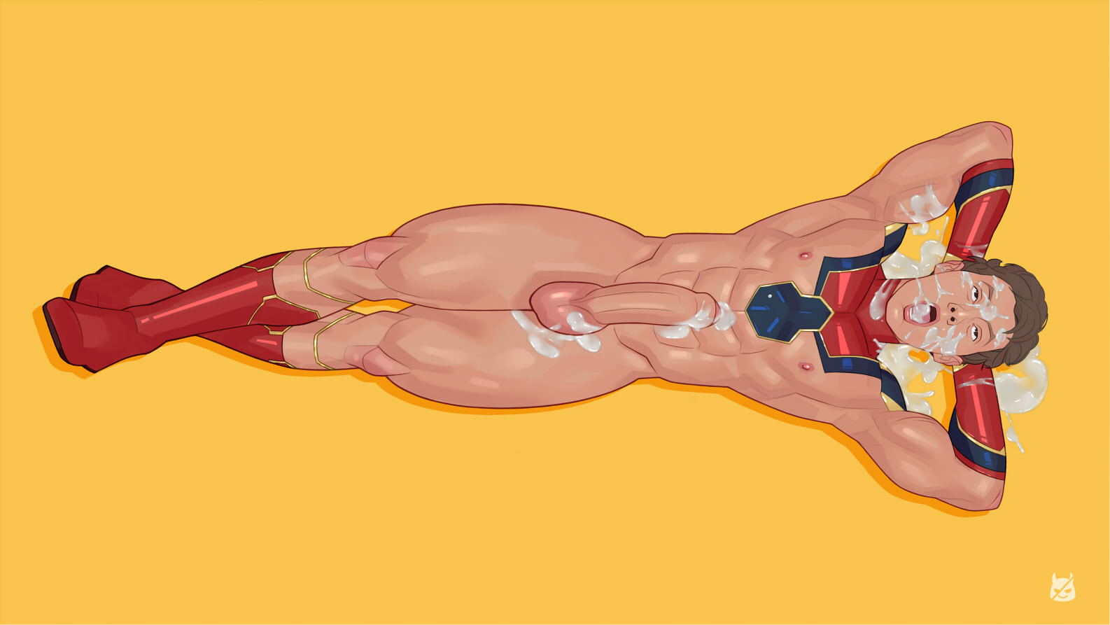 1boy, abs, athletic, athletic male, balls, bara, biceps, big balls, big penis, boots, brown eyes, brown hair, covered in cum, crossed ankles, cum, cum in mouth, cum on arm, cum on balls, cum on body, cum on face, cum on penis, cum on stomach, cum on tongue, cumshot, daddysbois, ejaculation, erect nipples, erection, excessive cum, eyes rolling back, facial, foreskin, full body, gay, hands behind head, human, human only, light skin, light-skinned male, lying on back, male, male focus, male only, marvel, marvel cinematic universe, marvel comics, muscular, muscular male, nipples, open mouth, partially clothed, pecs, penis, peter parker, presenting, presenting balls, presenting penis, self facial, shaved, shaved pubes, shoes, solo, solo male, spider-man, spider-man (series), spider-man (tom holland), superhero, thick thighs, thighs, tom holland, tongue, tongue out, uncensored, uncircumcised, uncut, yaoi, yellow background