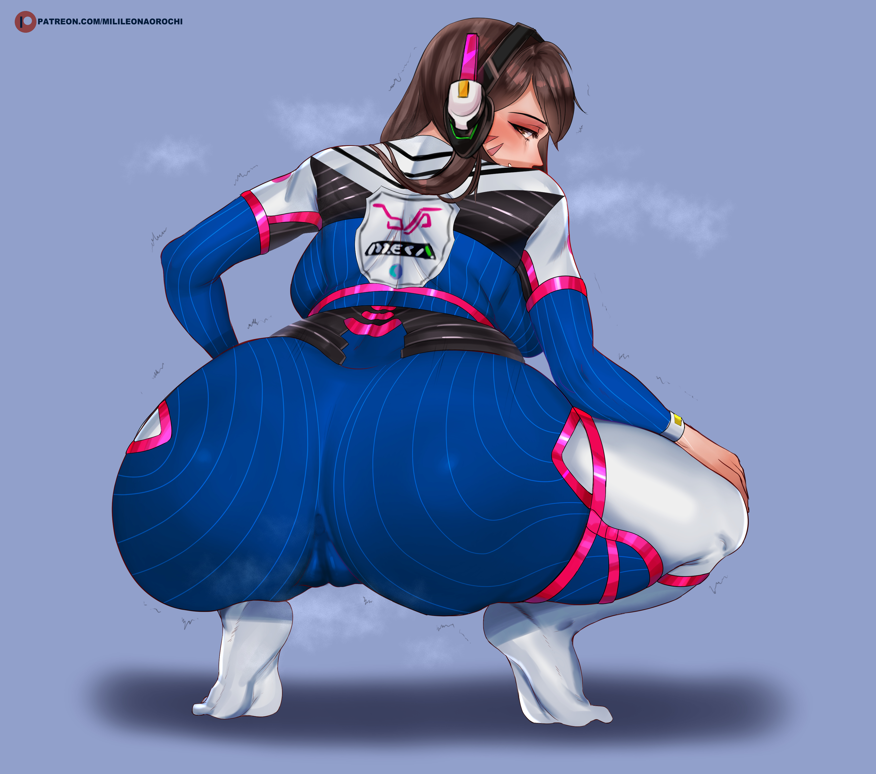 ass, big ass, blizzard entertainment, bodysuit, brown hair, cameltoe, d.va, feet, female, female only, huge ass, long hair, milileonaorochi, overwatch, plain background, pussy, simple background, solo, solo female, solo focus, squatting