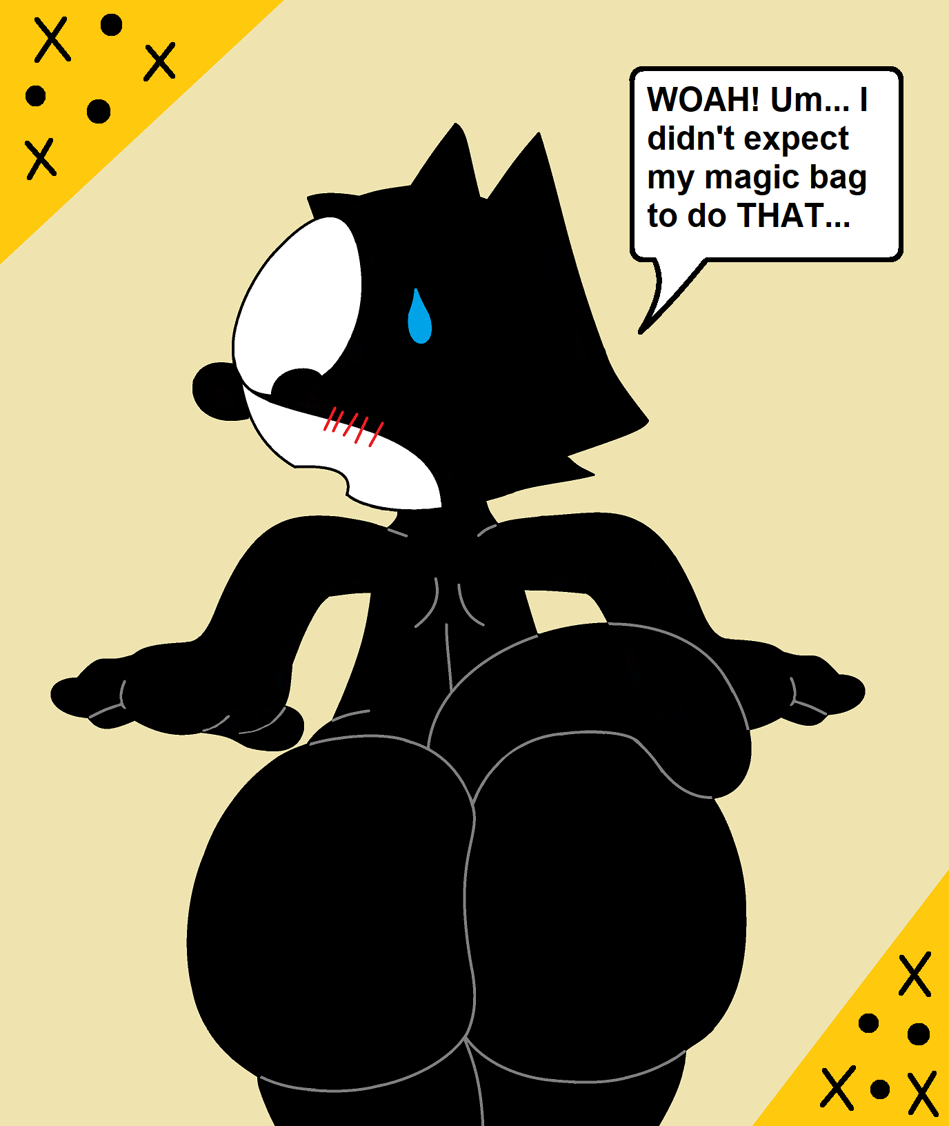 ass big_ass big_butt black_body black_ears black_eyes black_fur black_nose blush butt cat_tail dialogue domestic_cat dreamworks felid feline felix_the_cat felix_the_cat_(series) fur heavymetalrules looking_back male male_only mammal multicolored_body multicolored_fur nschaffer1010 solo sweat sweatdrop tagme tail white_body white_fur white_muzzle