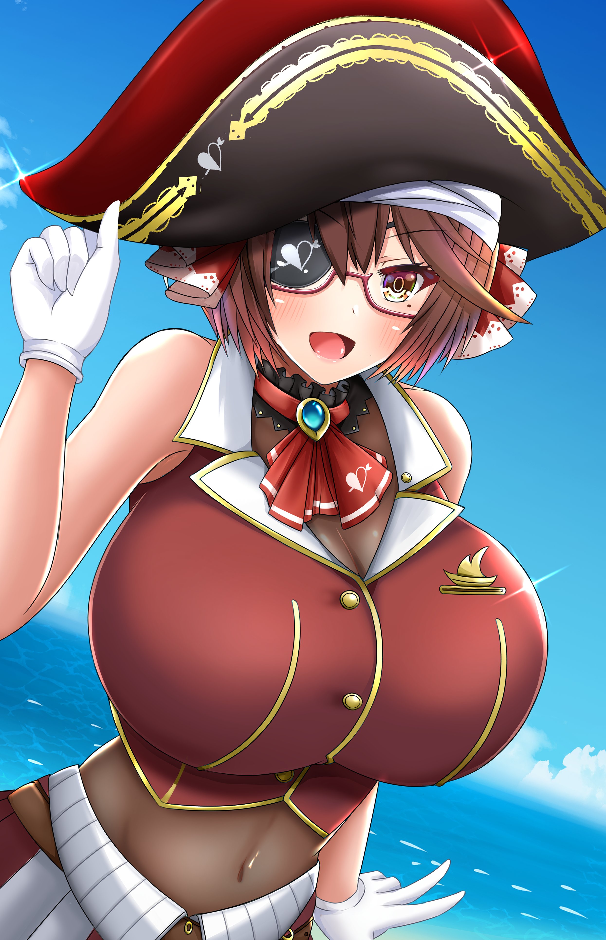1girls, 2020, absurd res, bare arms, bare shoulders, bow, breasts, brown hair, cleavage, clothed, clothing, cosplay, covered navel, eye patch, eyebrows visible through hair, female, female only, glasses, gloves, hair between eyes, hand on hat, heart, highres, hololive, hololive fantasy, hololive japan, houshou marine, houshou marine (cosplay), huge breasts, jewelry, looking at viewer, mameneko, minami rina, ocean, open mouth, orange eyes, original, outdoors, pirate hat, see-through, semi-rimless glasses, short hair, sky, smile, solo, tongue, virtual youtuber, water, white gloves