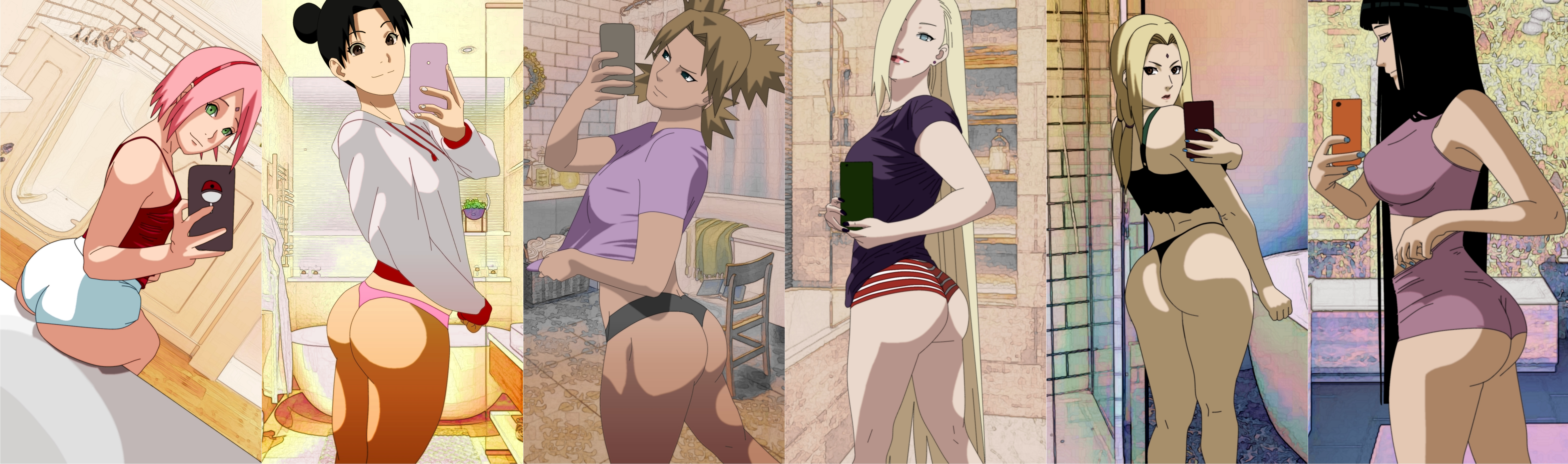 6girls, ass, ass focus, big ass, big butt, blonde, blonde female, blonde hair, boruto: naruto next generations, cellphone, female, female only, hair between eyes, hair over one eye, haruno sakura, hyuuga hinata, hyuuga hinata (naruto: the last), ino yamanaka, light skin, light-skinned female, multiple females, multiple girls, naruto, naruto (series), naruto shippuden, naruto: the last, panties, phone, pink hair, sakura haruno, selfie, short hair, taticomar, temari, tenten, tsunade, yamanaka ino