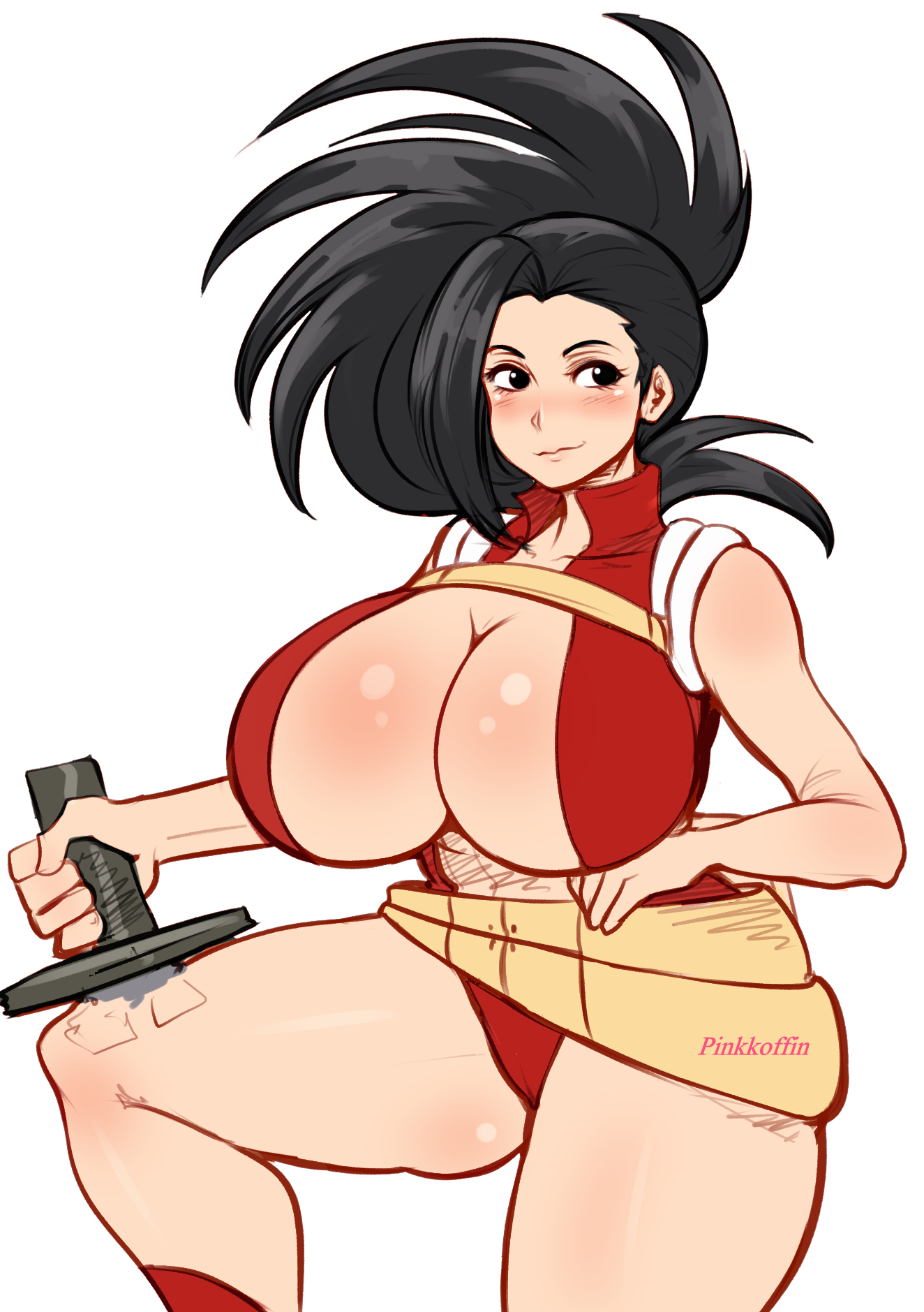 1girls, big breasts, black eyes, black hair, breasts, female, female only, hero outfit (mha), huge breasts, human, human female, leotard, light-skinned female, momo yaoyorozu, momo yaoyorozu (hero outfit), my hero academia, pinkkoffin, solo, solo female, solo focus, superheroine, white background