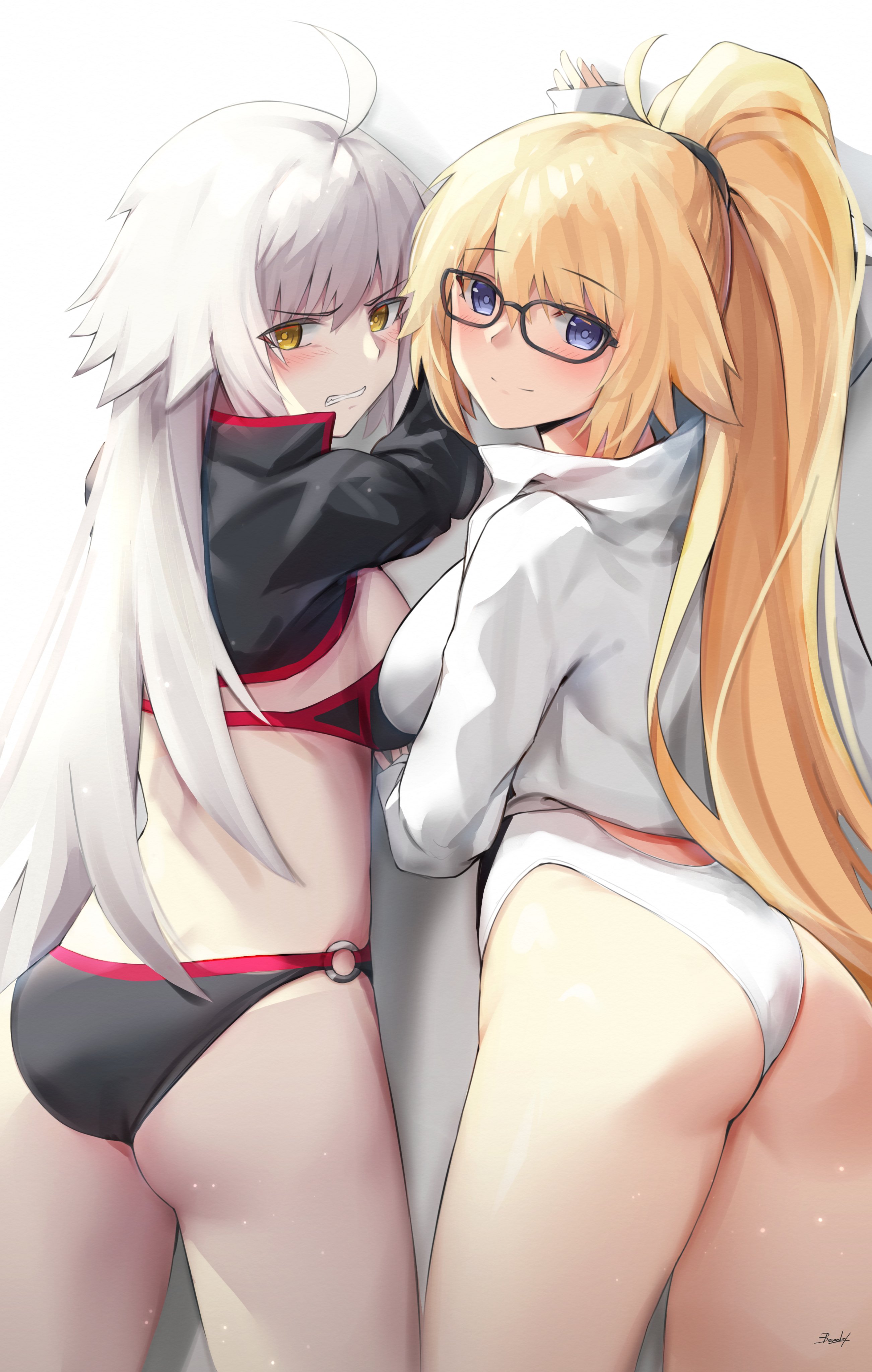 2girls, ass, bikini, blonde hair, blue eyes, fate (series), fate/grand order, female, female only, glasses, gold eyes, jacket, jeanne alter, jeanne alter (swimsuit berserker), jeanne d'arc (fate), jeanne d'arc (swimsuit archer), long hair, looking at viewer, swimsuit, white hair