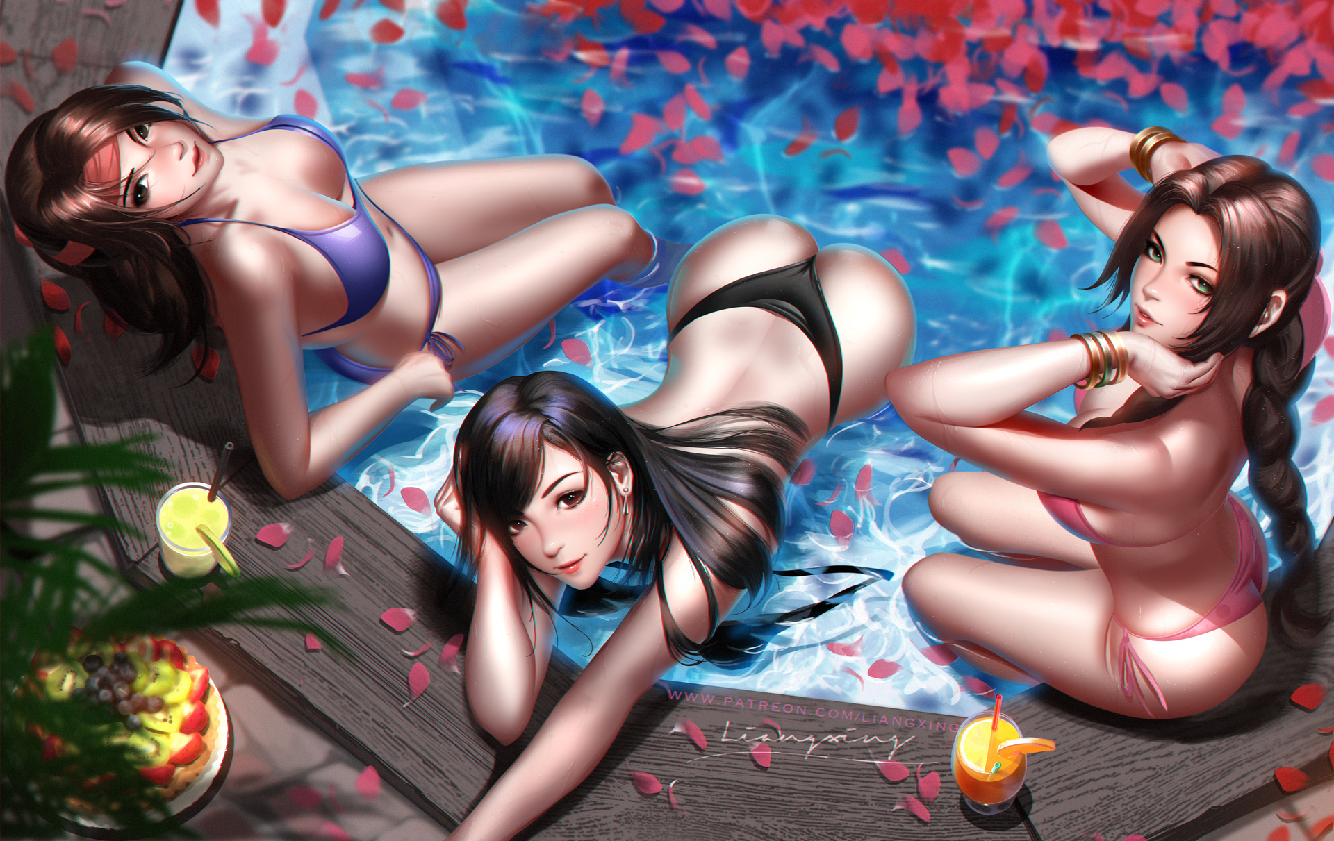 3girls, aerith gainsborough, ass, big breasts, bikini, black hair, breasts, brown eyes, brown hair, cleavage, female, female only, final fantasy, final fantasy vii, final fantasy vii remake, green eyes, jessie rasberry, large breasts, liang xing, long hair, looking at viewer, red eyes, square enix, swimsuit, thong, tifa lockhart