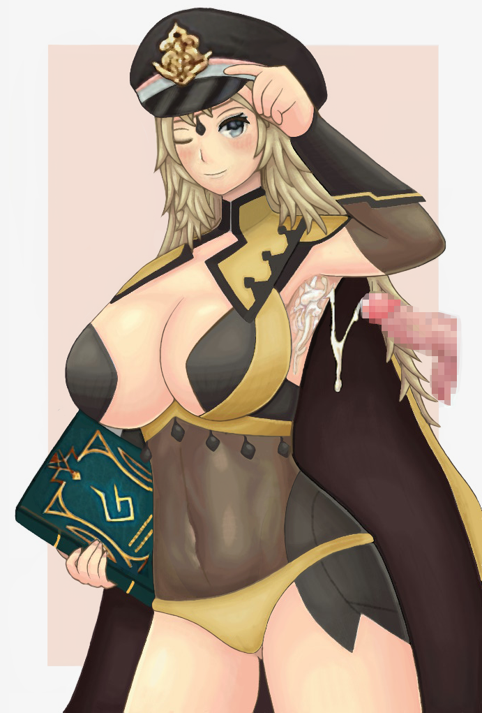 1boy 1girls armpit_sex armpits ass_visible_through_thighs bare_thighs blonde_hair bodystocking book cape censored cleavage clothed cum cum_on_armpit cum_trail female female_focus fire_emblem fire_emblem_fates hat huge_breasts large_breasts leotard long_hair male navel nintendo ophelia_(fire_emblem) panties roaamuje solo_focus thick_thighs thighs underwear yellow_panties