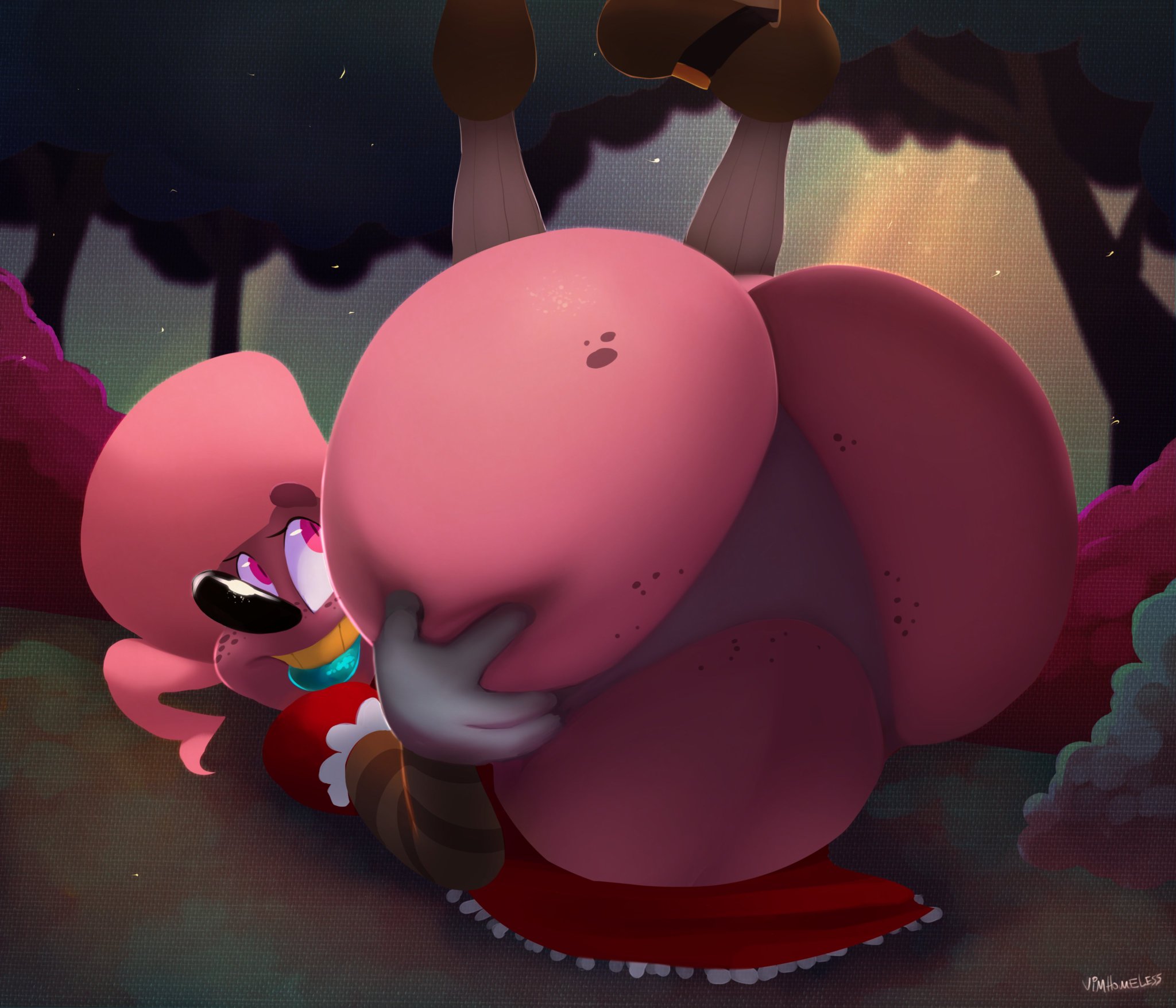 1boy, ass, big ass, bubble ass, bubble butt, clothed, clothing, huge ass, large ass, legs up, male, male only, mrs. mayhem, outdoors, panties, pink body, pink eyes, presenting, smile, socks, solo, thick bottom lip, thong, upside-down, vimhomeless