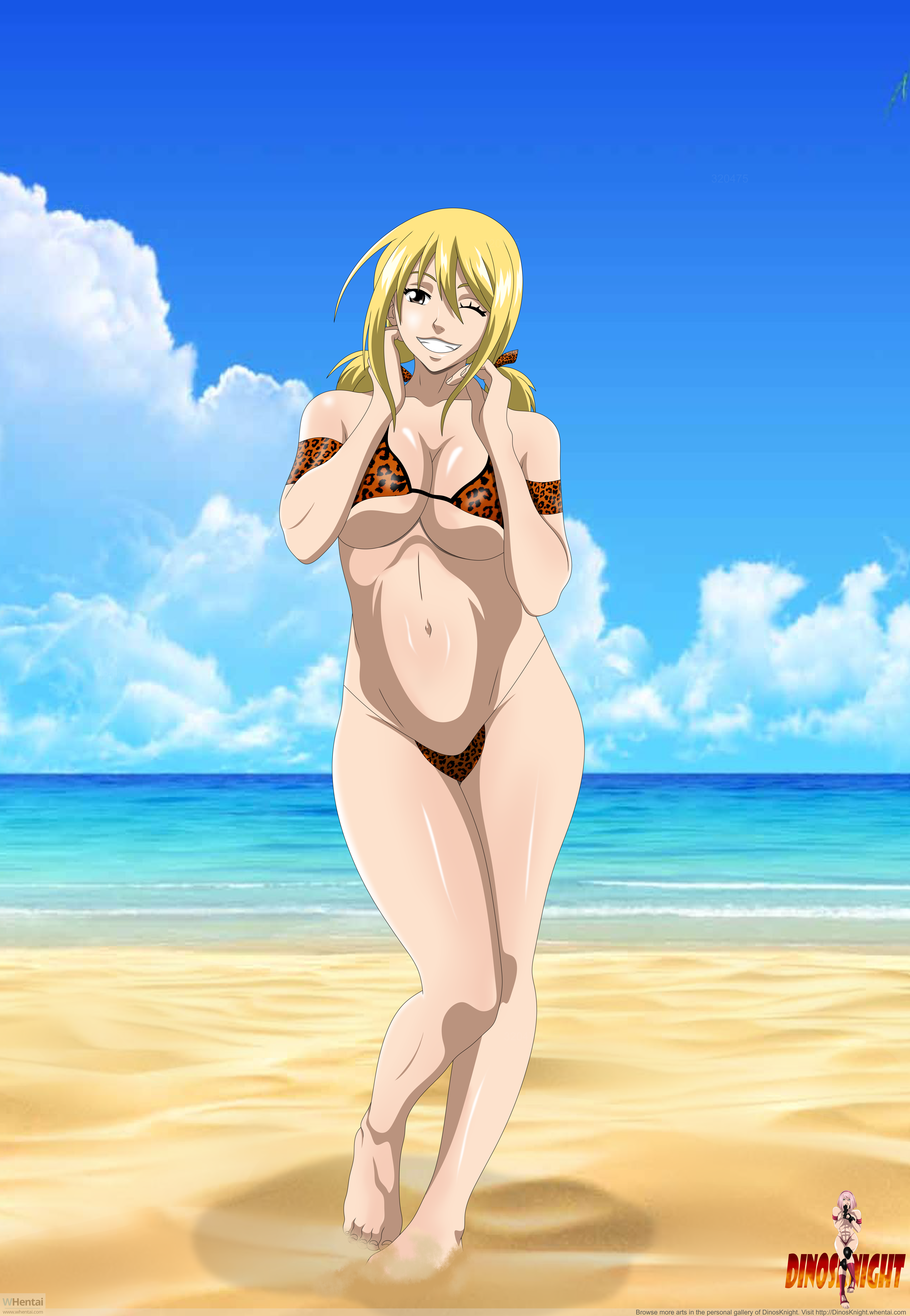 1girls, beach, bikini, bikini bottom, blonde hair, blonde-haired female, dinosknight, fairy tail, female, female only, leopard print, leopard print bikini, lucy heartfilia, solo, swimsuit, whentai