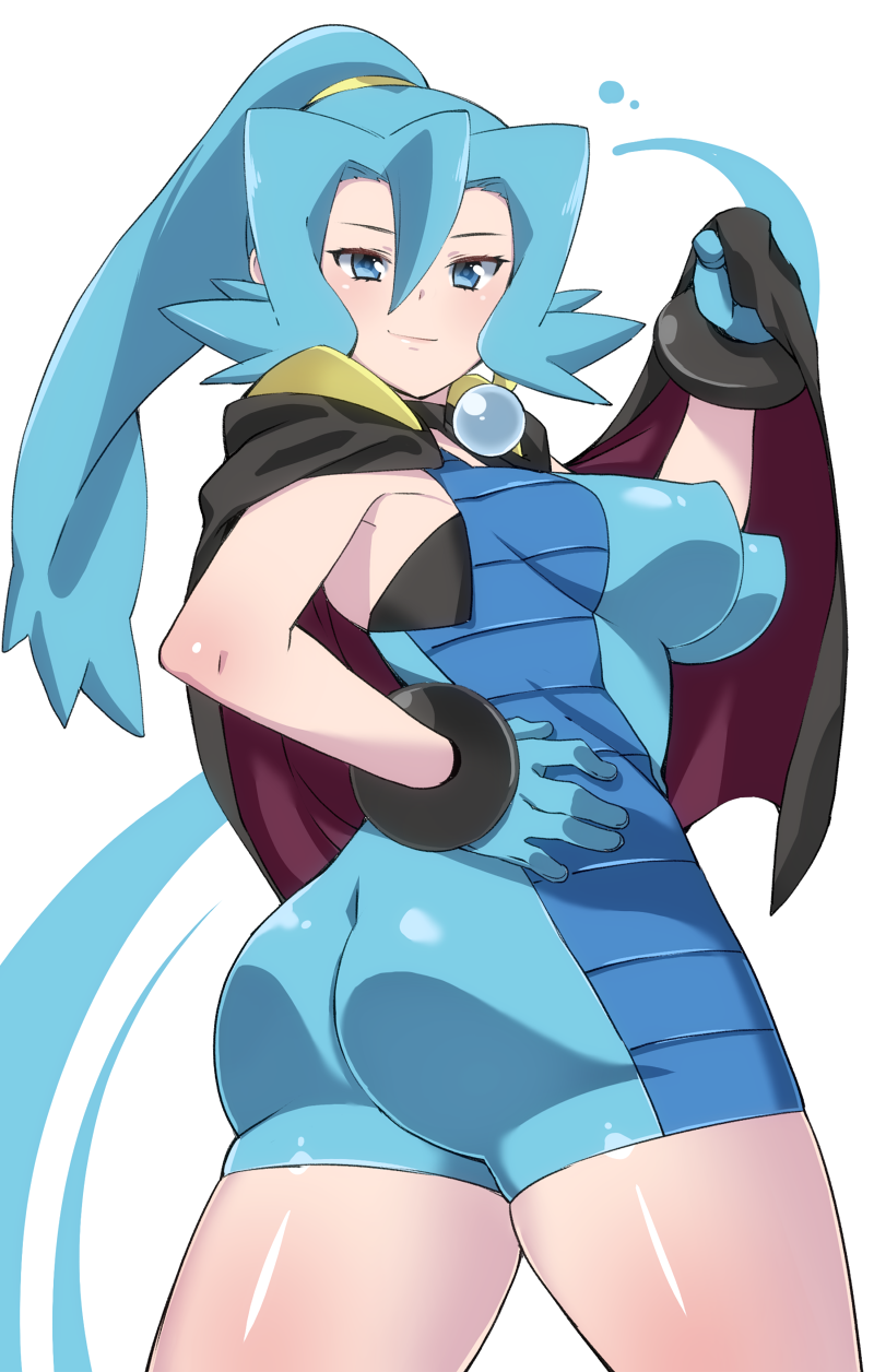 1girls ass big_breasts blue_bodysuit blue_eyes blue_hair bodysuit cape clair_(pokemon) eye_contact female gloves human komusou_(jinrikisha) long_hair looking_back nintendo pale-skinned_female pale_skin png pokemon pokemon_gsc pokemon_hgss smile solo standing thick_ass thick_thighs thighs wide_hips