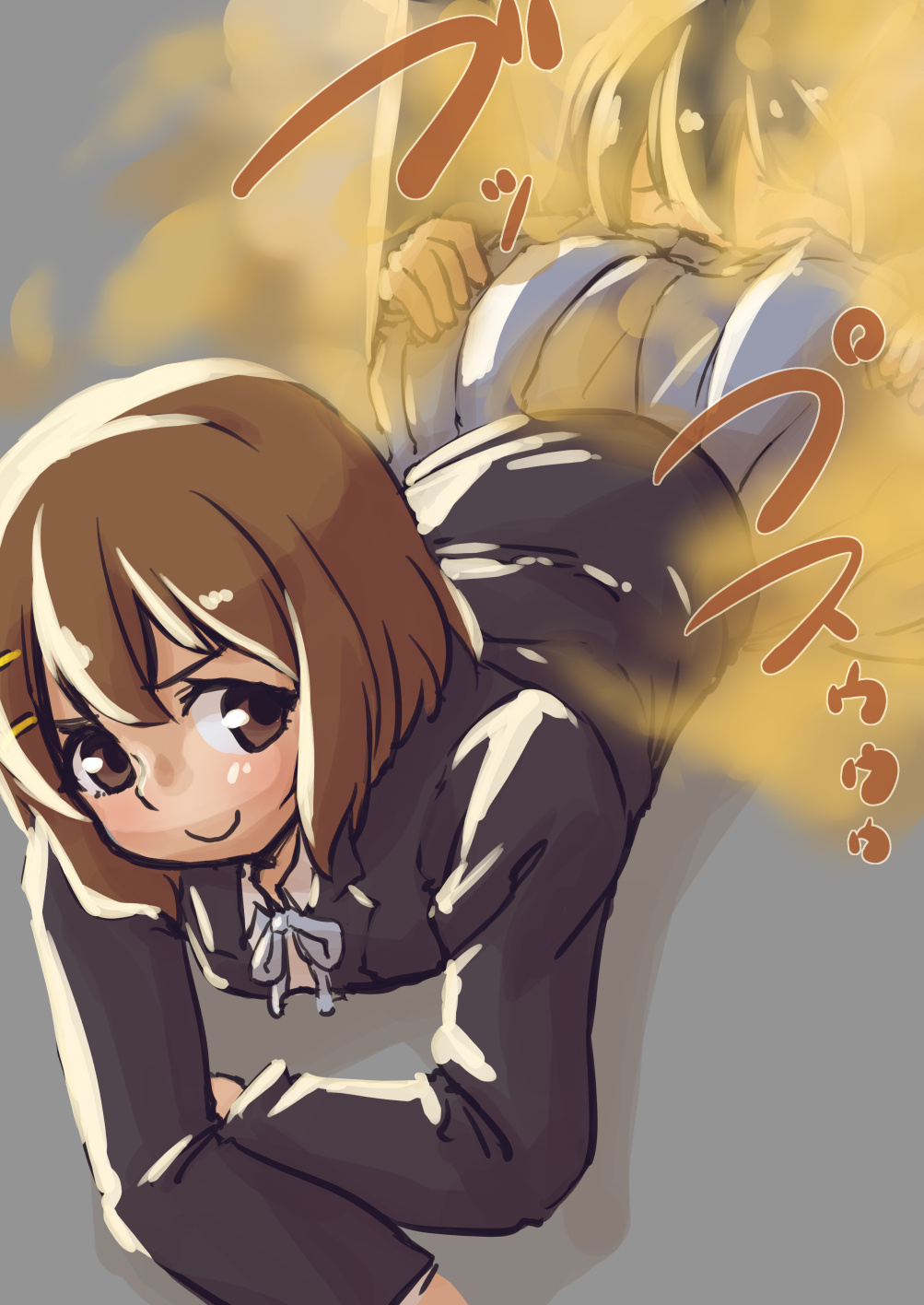 2girls, azusa nakano (k-on!), black hair, brown hair, fart, female, femdom, hair ornament, human, human only, k-on!, multiple females, multiple girls, yui hirasawa (k-on!), yuri