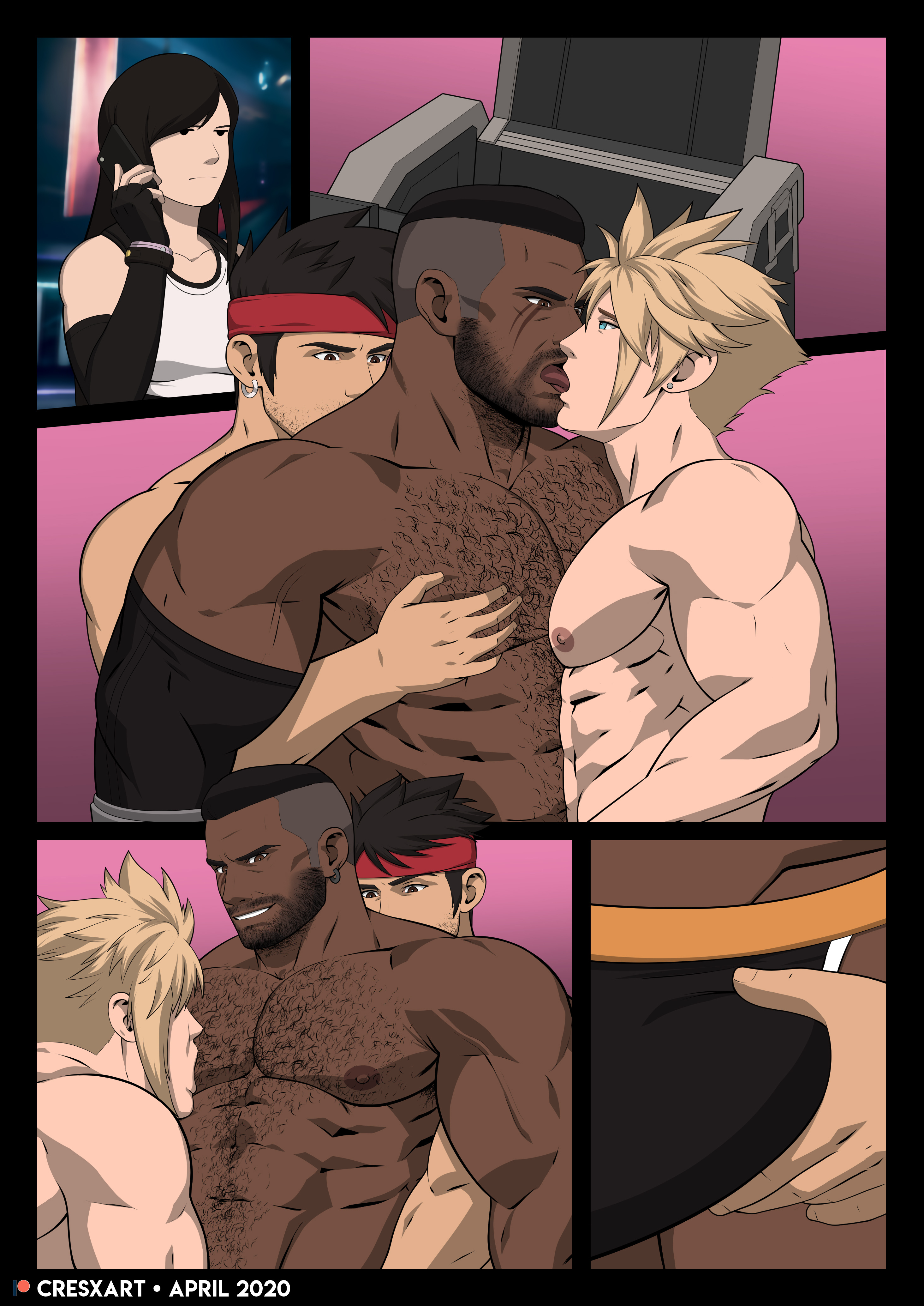 1girls, 2020, 3boys, abs, absurd res, absurdres, bara, barret wallace, bear, beard, biceps, biggs (ff7), black hair, blonde hair, blue eyes, body hair, breast sucking, breasts, brown eyes, bulge, chest hair, clothed, clothing, cloud strife, color, comic, cresxart, dark skin, dark-skinned male, digital media (artwork), ear piercing, earrings, facial hair, female, final fantasy, final fantasy vii, final fantasy vii remake, foreplay, french kiss, french kissing, gay, grin, grinning, grope, groping, groping breasts, groping from behind, groping through clothes, hair, hairy body, hairy chest, hand on breast, hand on penis, headband, hi res, high resolution, highres, imminent sex, interracial, kissing, light skin, light-skinned female, light-skinned male, long hair, looking at another, looking pleasured, making out, male, male focus, multiple boys, multiple males, multiple views, muscles, muscular, muscular male, naked, nipple suck, nipple sucking, nipples, nude, nude male, pale skin, pale-skinned female, pale-skinned male, panels, partially clothed, pecs, penis, phone, piercing, piercings, pink background, scar, scar across eye, size difference, smirk, square enix, sucking, sucking nipples, threesome, tifa lockhart, toned, toned male, tongue, tongue out, touching, touching pecs, touching penis, underwear, yaoi