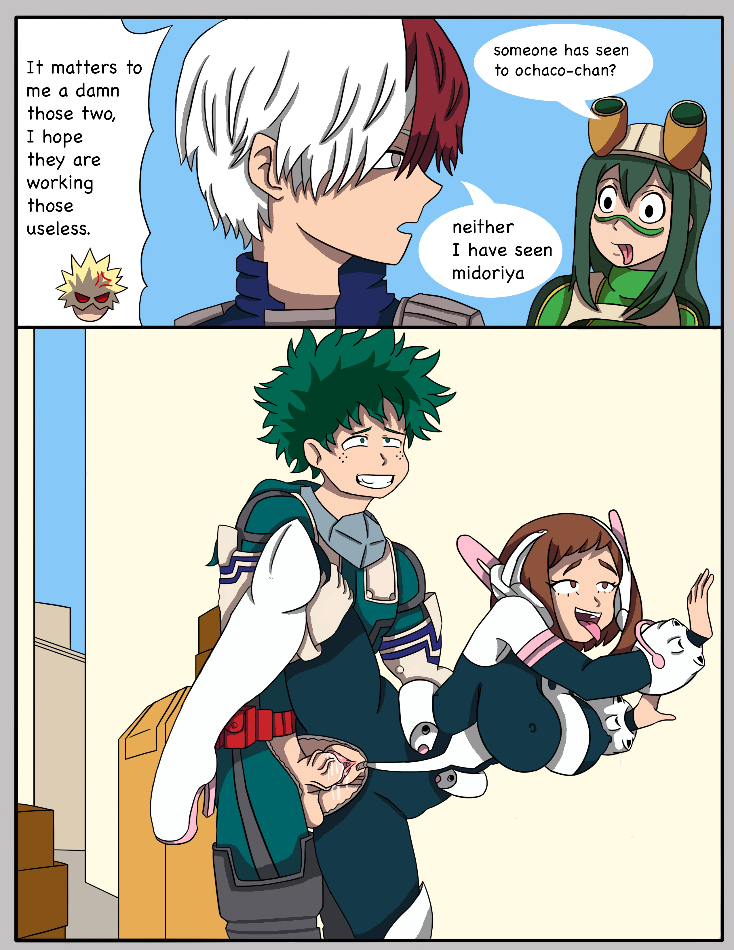 2boys, 2girls, bodysuit, breasts, brown eyes, brown hair, brown-haired female, curly hair, english text, female, female human, green eyes, green hair, green-haired female, green-haired male, hero outfit (mha), heroine, human, izuku midoriya, katsuki bakugou, leg lift, light skin, light-skinned female, male, my hero academia, nahual13, ochako uraraka, ochako uraraka (hero outfit), pussy, shouto todoroki, standing sex, superhero costume, superheroine, teenage female, teenager, text, tongue, tongue out, tsuyu asui, vaginal penetration, vaginal sex