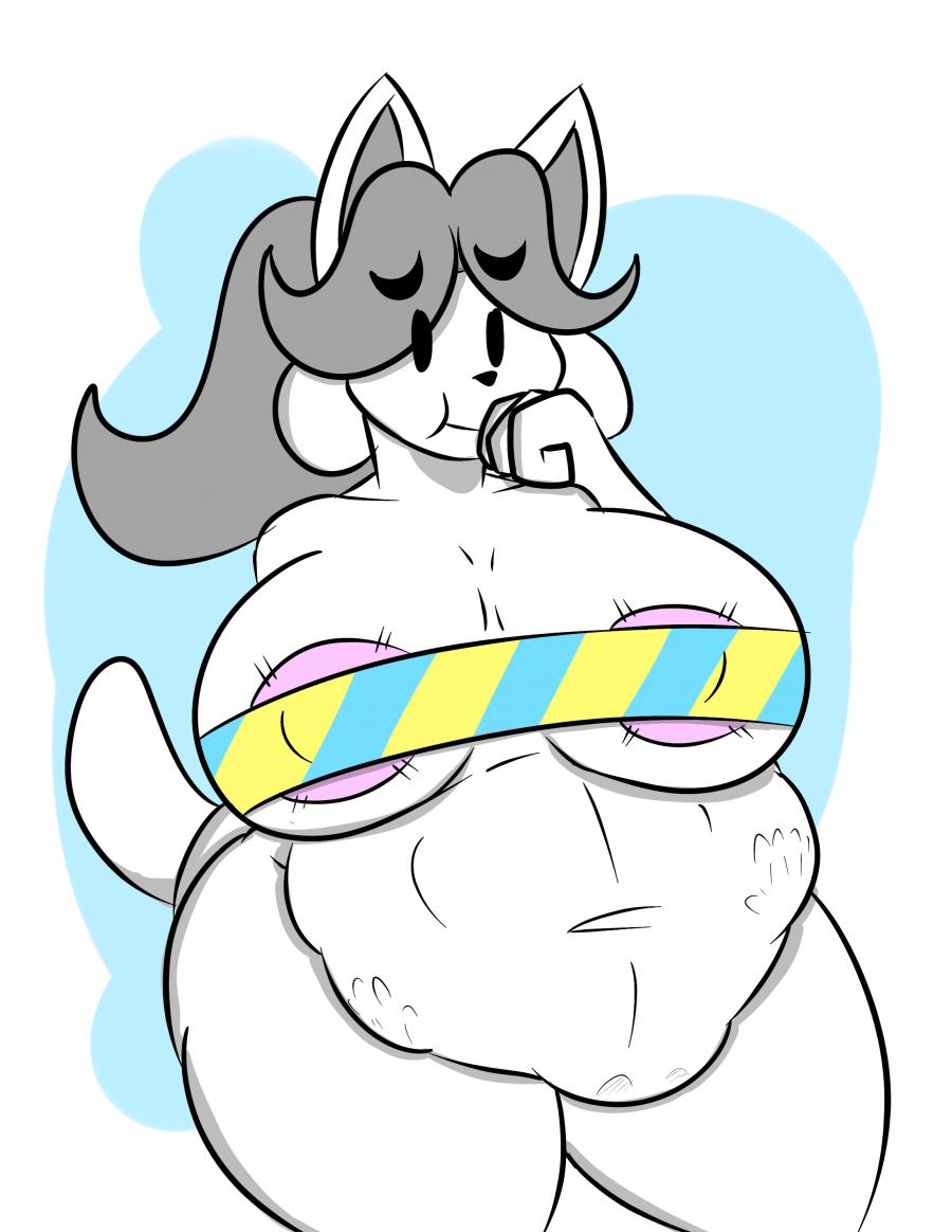 ambiguous gender, ambiguous prey, belly, big belly, big breasts, breasts, female, female pred, grey hair, oral vore, post-vore, retrotendo, temmie, temmie (undertale), thick thighs, thighs, undertale, vore, white fur