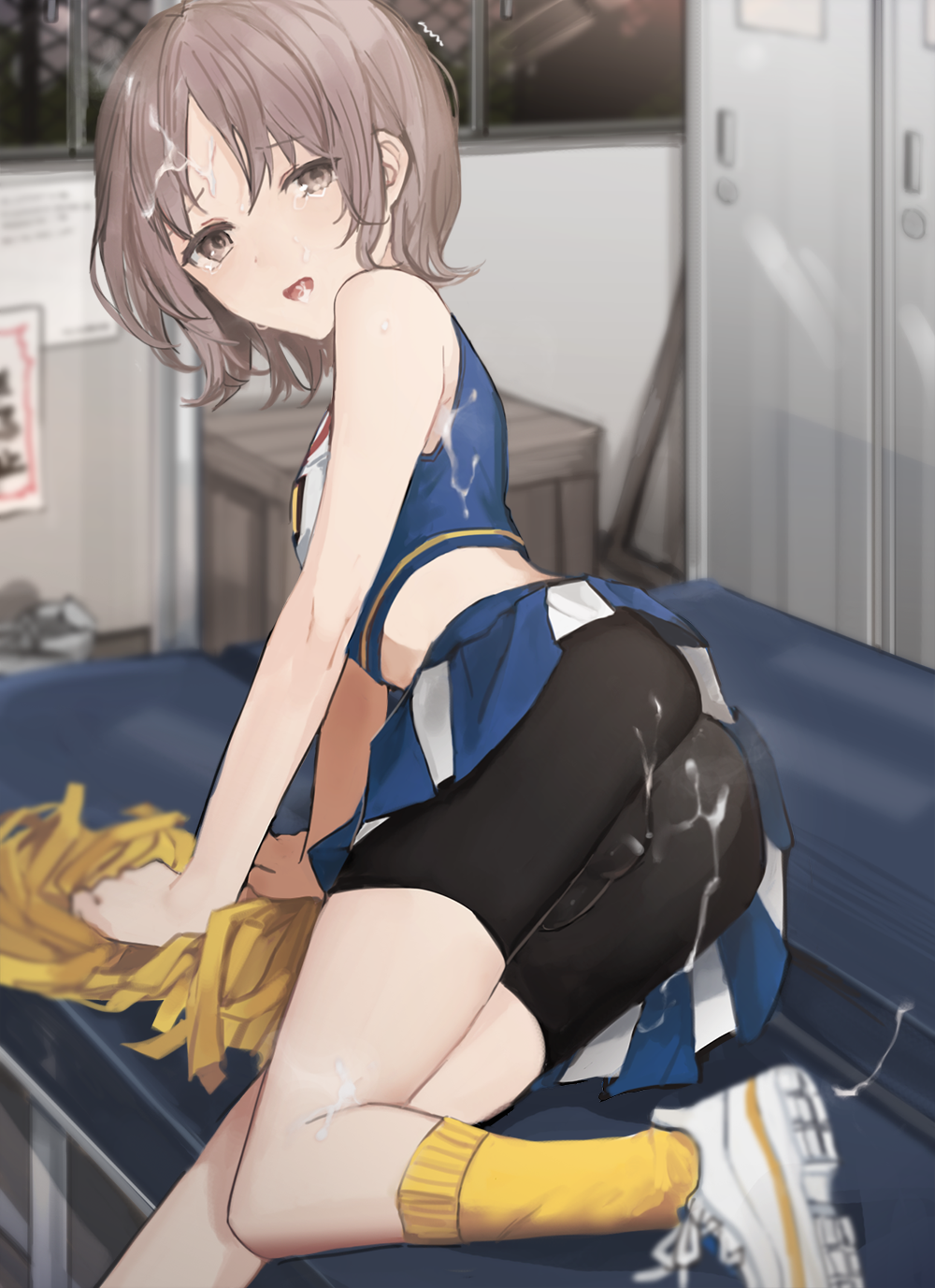 1boy after_sex ass bangs bare_shoulders bench bike_shorts black_legwear blue_shirt blue_skirt brown_eyes bulge cheerleader cheerleader_uniform crop_top crossdressing cum cum_in_mouth cum_on_ass cum_on_body cum_on_clothes cum_on_hair cum_on_lower_body cum_on_upper_body eyebrows_visible_through_hair facial femboy highres holding_pom_poms indoors kneehighs leaning_to_the_side locker locker_room looking_back male_cheerleader male_focus midriff miniskirt open_mouth original parted_bangs pleated_skirt pom_poms shirt shoes short_hair sitting skirt sleeveless sleeveless_shirt sneakers sunaba_(nczd5875) tears trap two-tone_skirt yaoi yellow_legwear