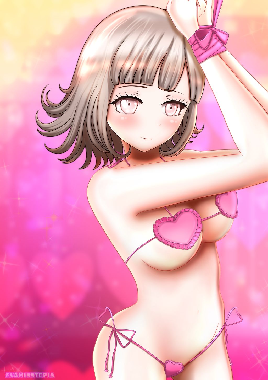1girls, blush, bondage, danganronpa, danganronpa 2: goodbye despair, evamisstopia, female, heart, mostly nude, nanami chiaki, restrained, smile, straight hair, tied hands, underwear
