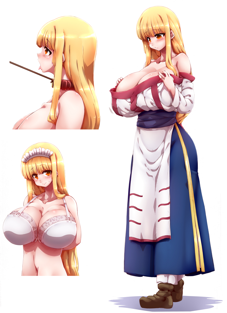 1girls arc_the_lad bangs blonde_hair blunt_bangs blush bondage breasts brown_eyes cleavage collar collarbone comic dog_collar dress female femsub half-closed_eyes huge_breasts lace lace-trimmed_bra leash leash_and_collar lieza long_dress long_hair looking_at_viewer midriff multiple_views navel open_mouth smile solo strapless_dress tokyo_(great_akuta) tongue tongue_out white_bra