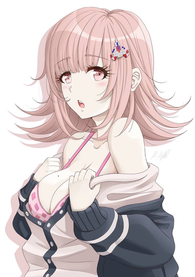 adorable, artist request, big breasts, bra, breasts, cute, danganronpa, danganronpa 2: goodbye despair, female, large breasts, looking at viewer, mole on breast, nanami chiaki, open mouth, pink bra, shortstack, straight hair, undressing