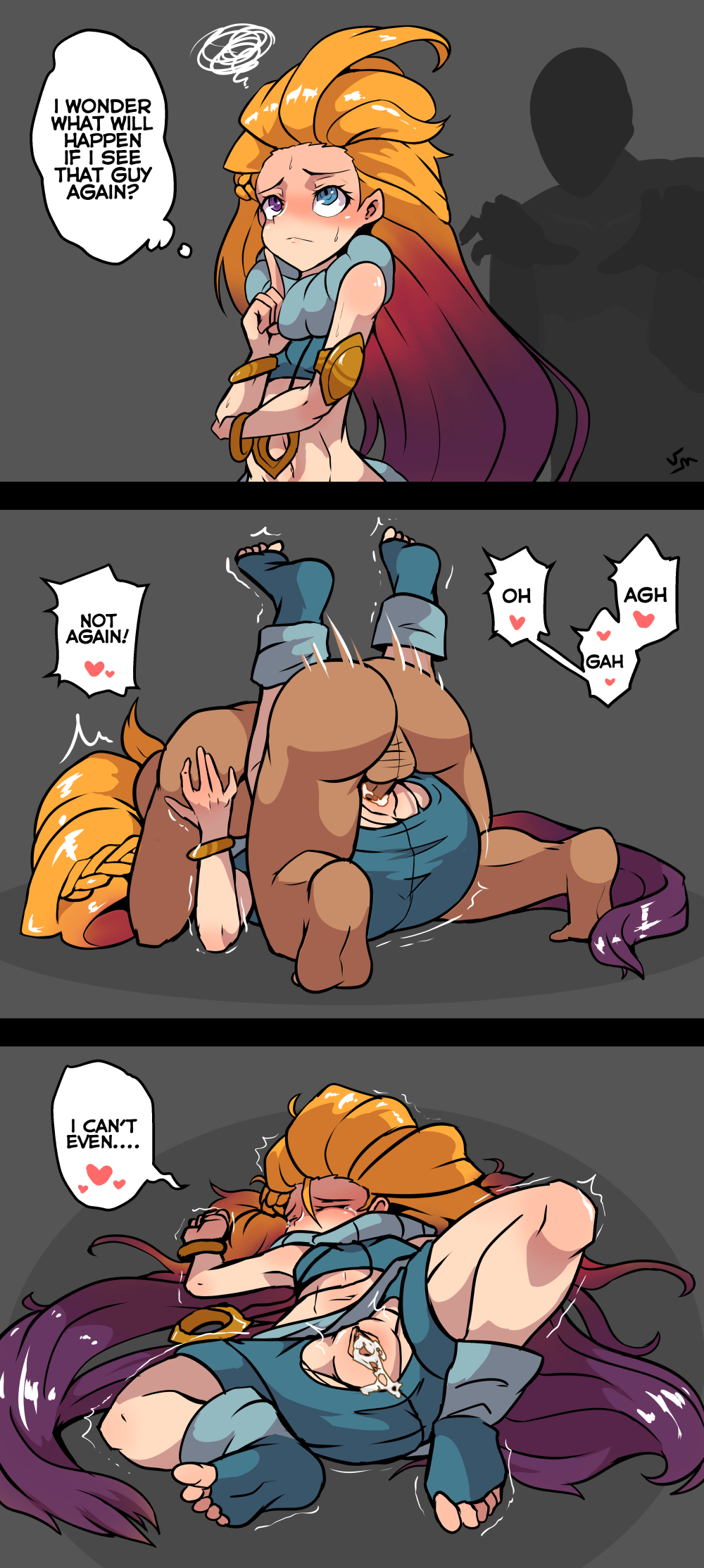 1boy, 1girls, blush, clothed sex, comic, cum, cum in pussy, cum inside, defeated, dubious consent, english text, enjoying rape, female, gradient hair, heart, heterochromia, impregnation, instant loss 2koma, league of legends, long hair, male, mating press, pussy, rape, ripped clothing, straight, text, twitching, vaginal penetration, verymediocre, young, zoe (league of legends)
