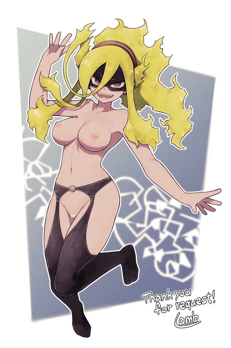 arm_up bar_censor blonde_hair breasts burnin_(my_hero_academia) censored female_only garter_belt headband highres lamb-oic029 mask my_hero_academia nipples no_panties nude open_mouth outstretched_arm pussy red_headband solo topless