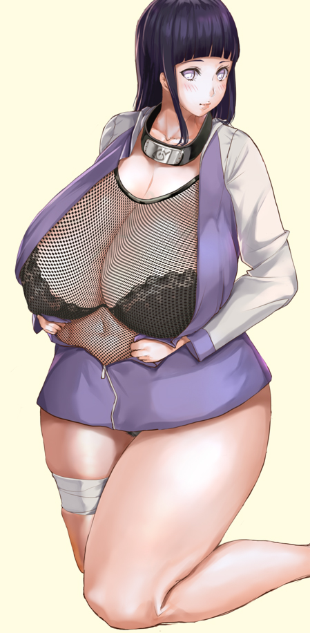 1girls, alternate breast size, black hair, breasts, breasts bigger than head, chubby female, cleavage, fat female, female, female only, fishnet shirt, fishnets, hyuuga hinata, large breasts, long hair, looking at viewer, naruto, naruto (series), naruto shippuden, ninja, purple eyes, purple hair, saint zcup, silver eyes, solo, solo female, thick thighs, thunder thighs, undressing, wide hips