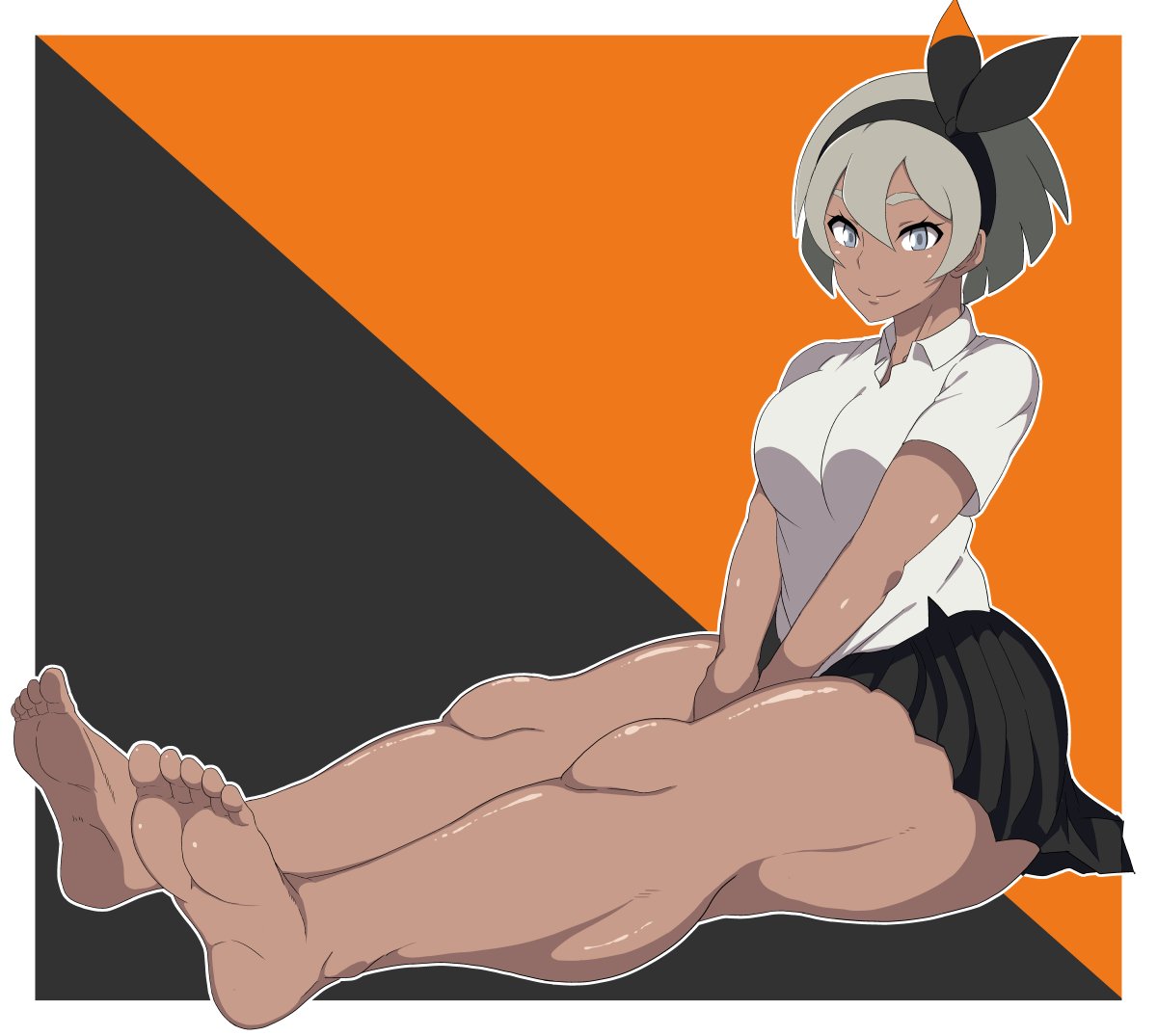1girls, ass, barefoot, bea (pokemon), breasts, dark skin, dark-skinned female, feet, female, grey eyes, grey hair, hair ribbon, huge ass, huge thighs, human, muscular, muscular female, naughty face, nintendo, oryuto, pokemon, pokemon ss, seductive, seductive smile, short hair, skirt, smile, thick thighs, thighs