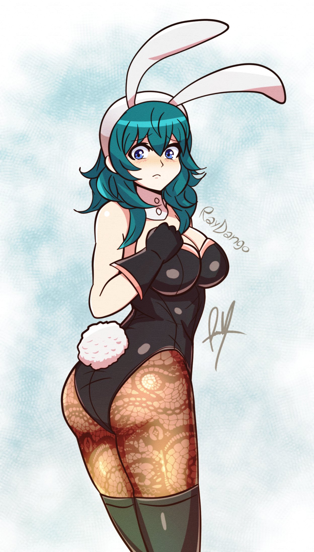 1girls, ass, bare arms, big breasts, blue eyes, boots, breasts, bunny ears, bunny girl, bunny tail, bunnysuit, byleth (fire emblem), byleth (fire emblem) (female), cleavage, embarrassed, female, female only, fire emblem, fire emblem: three houses, gloves, lace, large breasts, leggings, legwear, nintendo, raydango, sad, solo female, source request, stockings, teal hair, thighhighs