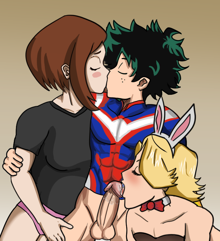 1girls 2boys aoyama_yuuga baohda bisexual_male blonde_hair blush brown_hair bunnysuit female femboy green_hair izuku_midoriya kissing licking_penis midoriya_izuku my_hero_academia ochako_uraraka penis pink_panties threesome uraraka_ochako yuga_aoyama