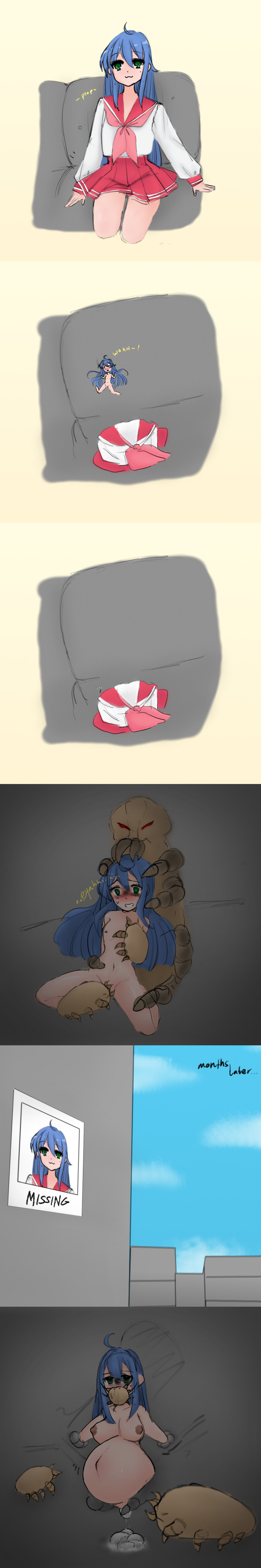 before and after, blue hair, blush, body modification, breast growth, breasts, colored, comic, couch, dust mite, egg laying, empty eyes, female, helpless, insect, insect on female, konata izumi, long hair, lucky star, micro female, mind break, mole, mole under eye, nipples, nude, pregnant, purinpaw, rape, restrained, shrinking, slave, what, zoophilia