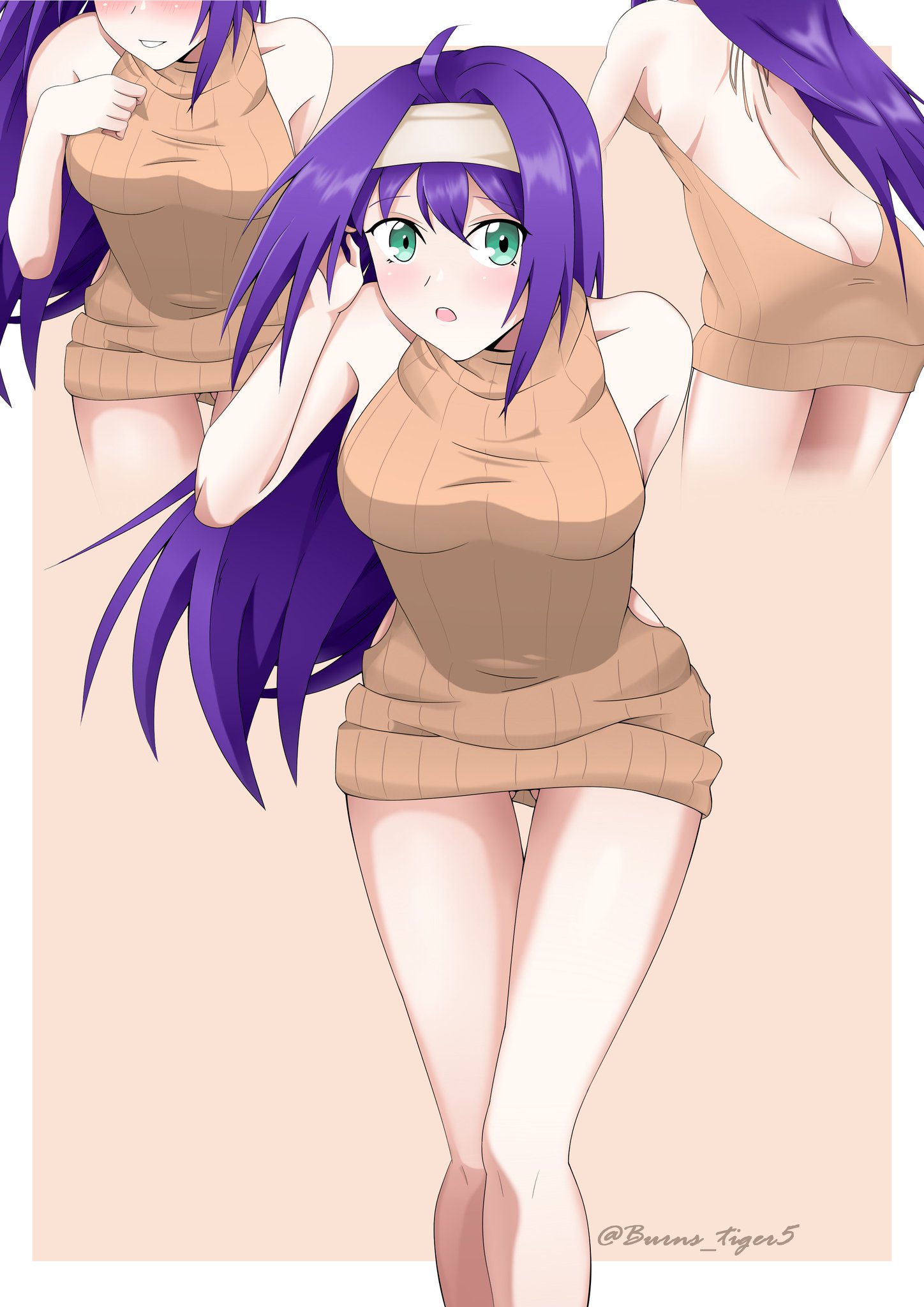 1girls, ass, ass cleavage, ass crack, back, back view, bare arms, bare legs, bare shoulders, blush, burns tiger5, butt crack, female, fire emblem, fire emblem: path of radiance, fire emblem: radiant dawn, green eyes, hand in hair, headband, long hair, mia (fire emblem), naked sweater, nintendo, no bra, no panties, purple hair, seductive, seductive smile, sweater, virgin killer sweater