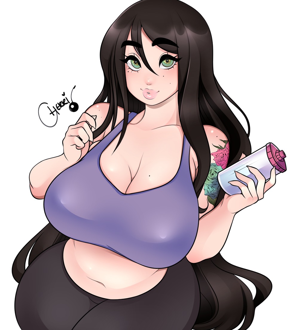1girls, 2d, artist name, artist self-insert, belly, big breasts, blush, breasts, brown, cheri (cherrikissu), cherrikissu, chubby, cleavage, cute, female, female only, freckles, green eyes, happy, human, light skin, light-skinned female, lips, long hair, looking at viewer, pale skin, pale-skinned female, pants, real person, self portrait, simple background, smiling, smiling at viewer, solo, tattoo, tummy, watermark