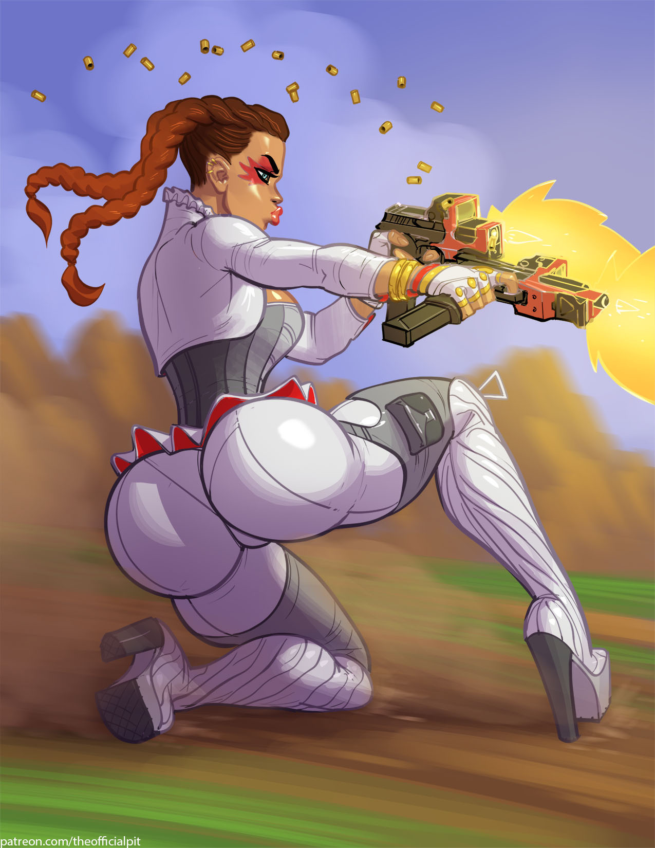 1girls, 2d, apex legends, ass, big ass, bimbo, bodysuit, braid, brazilian, breasts, electronic arts, female, female only, gun, high heels, latina, loba (apex legends), medium breasts, outside, pistol, respawn entertainment, sci-fi, science fiction, scifi, sliding, solo, solo female, submachine gun, theofficialpit
