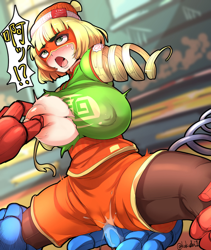 1girls, 2boys, ahe gao, arms (game), bimbo, breasts, female, hand on breast, kakudai1, male, min min (arms), nintendo, one breast out, sex, teenager