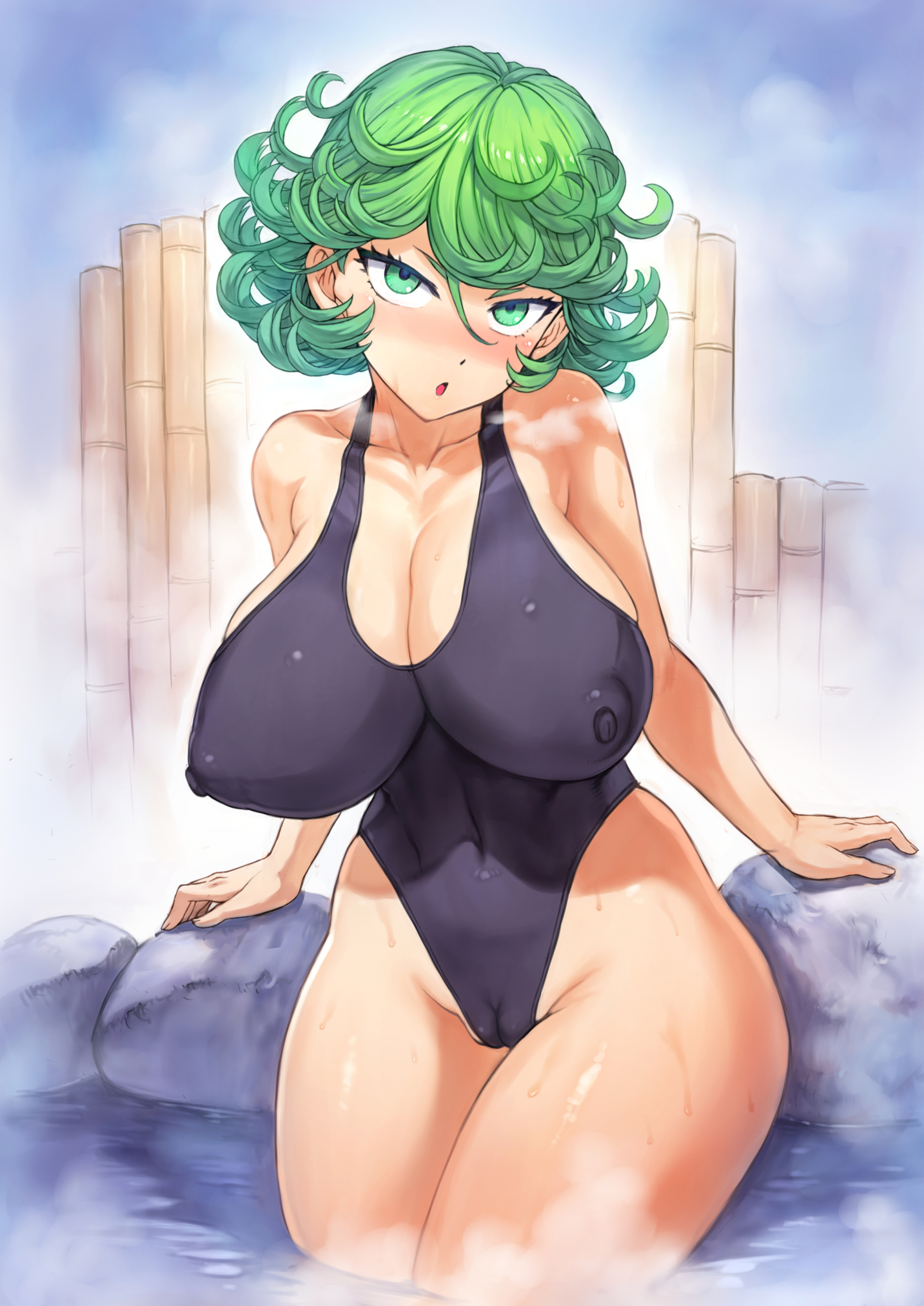 1girls, alternate breast size, big breasts, blush, breasts, cameltoe, female, green eyes, green hair, huge breasts, large breasts, light skin, light-skinned female, looking at viewer, mogudan, nipples, one-piece swimsuit, one-punch man, open mouth, pale skin, pale-skinned female, pussy, tatsumaki, thick thighs