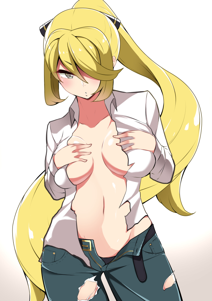 blonde hair, breasts, cynthia (pokemon), female, hair over one eye, human, large breasts, nintendo, open fly, pokemon, ponytail, tagme