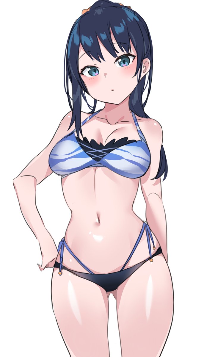 animal print, bare arms, bare legs, bikini, black bikini bottom, blue eyes, blue hair, blush, breasts, clavicle, female, hair scrunchie, halterneck, high resolution, legs, looking at viewer, medium breasts, navel, ponytail, scrunchie, side-tie bikini, simple background, solo, ssss.gridman, striped, striped bikini, striped swimsuit, swimsuit, takarada rikka, tem10, tied hair, white background