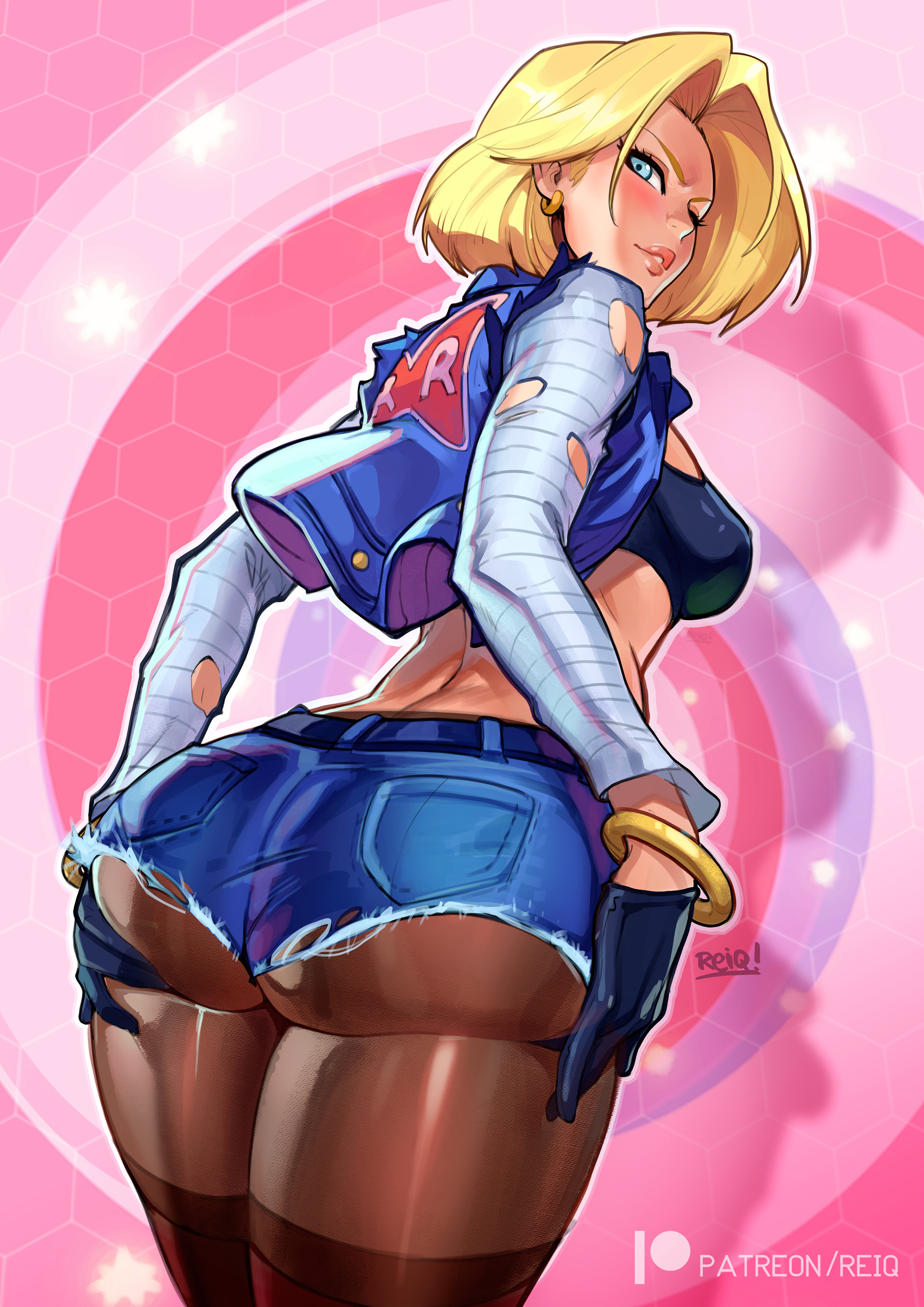 1girls, alternate version available, android 18, ass, ass support, blonde hair, blue eyes, breasts, cameltoe, cleavage, curvy, dragon ball, erect nipples, female, huge areolae, huge ass, huge breasts, nipples, puffy nipples, pussy, reiq, short hair, short shorts, shorts, thick lips, voluptuous, wide hips