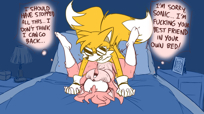 ahe gao, amy rose, anthro, bed, blush, clothing, duo, english text, eyewear, fakeryway, female, footwear, furniture, gloves, handwear, legwear, looking pleasured, male, piledriver position, pleasure castle, pussy, sega, socks, sonic (series), sunglasses, tails, tails the fox, text, thought bubble, vaginal penetration