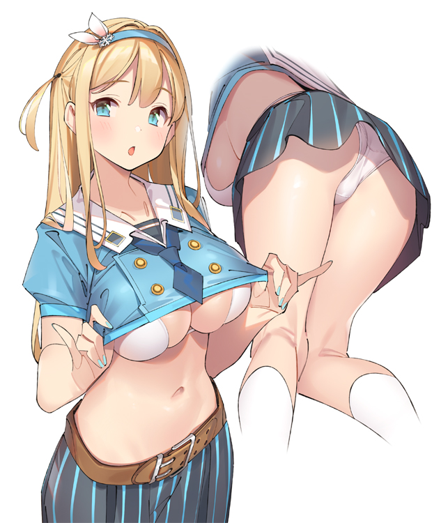 :o ass bangs belt bikini bikini_under_clothes blonde_hair blue_eyes blue_nails blue_neckwear blush breasts cleavage double-breasted duplicate female fingers girls'_frontline head_tilt headband large_breasts lifted_by_self long_hair looking_at_viewer mtu_virus multiple_views nail_polish neckerchief one_side_up open_mouth pleated_skirt pop_kyun sailor_collar shirt shirt_lift sideboob sidelocks simple_background skindentation skirt socks standing suomi_(girls'_frontline) swimsuit thighs upskirt white_background white_bikini white_legwear white_sailor_collar white_swimsuit